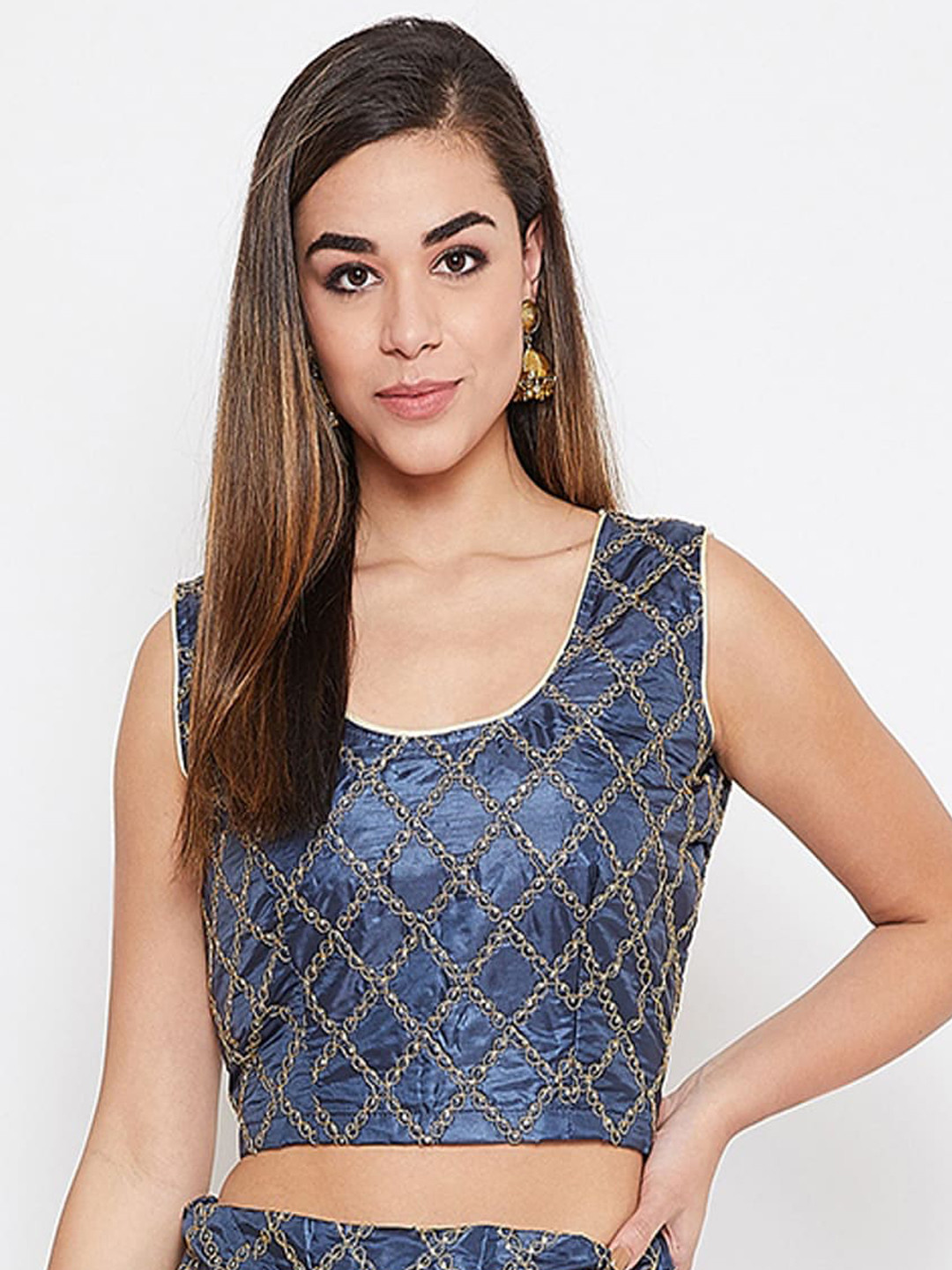 

TULIP 21 Embroidered Sequinned Silk Saree Blouse, Navy blue