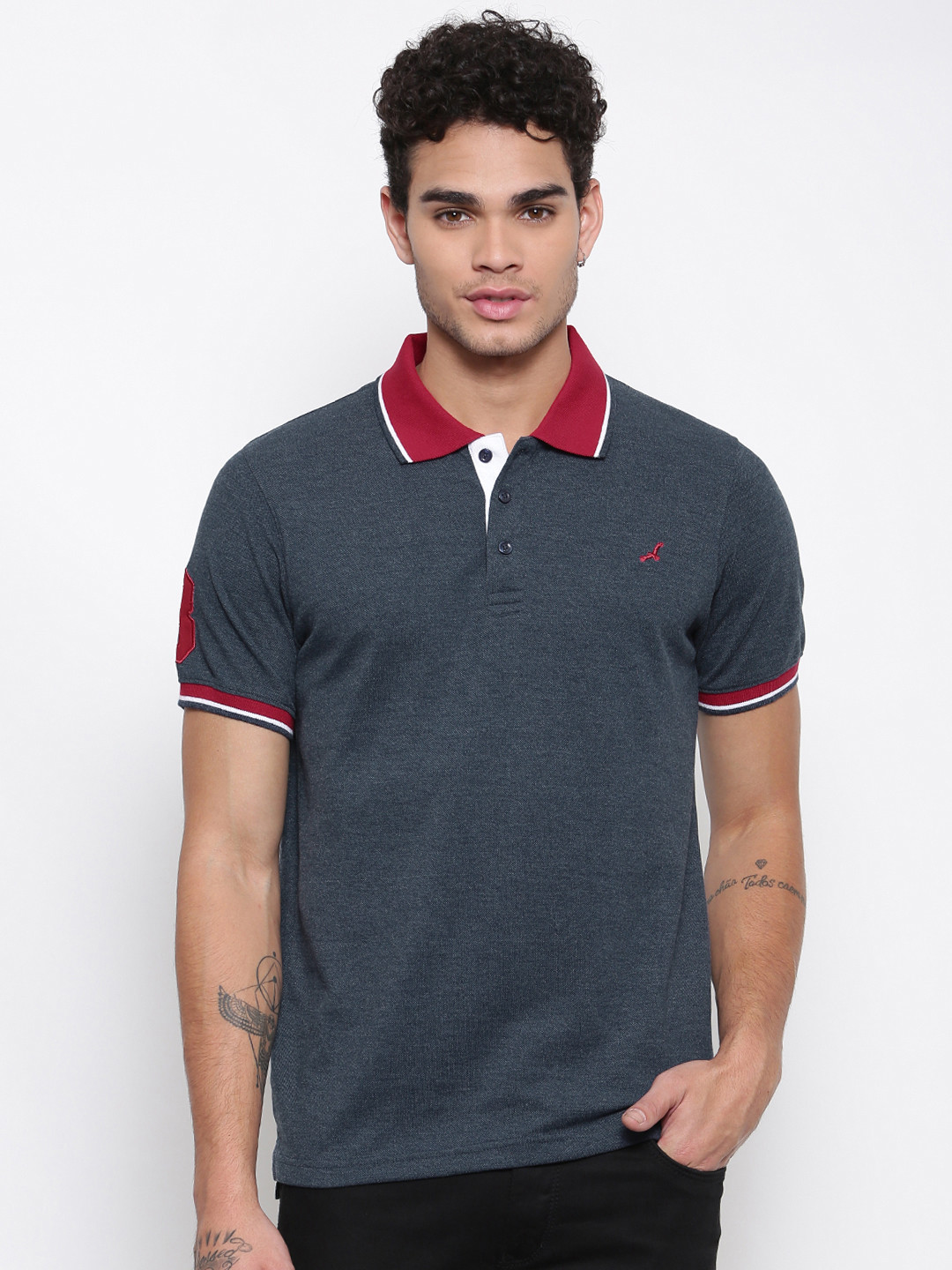 

American Crew Men Navy Blue Solid Polo Collar T-shirt
