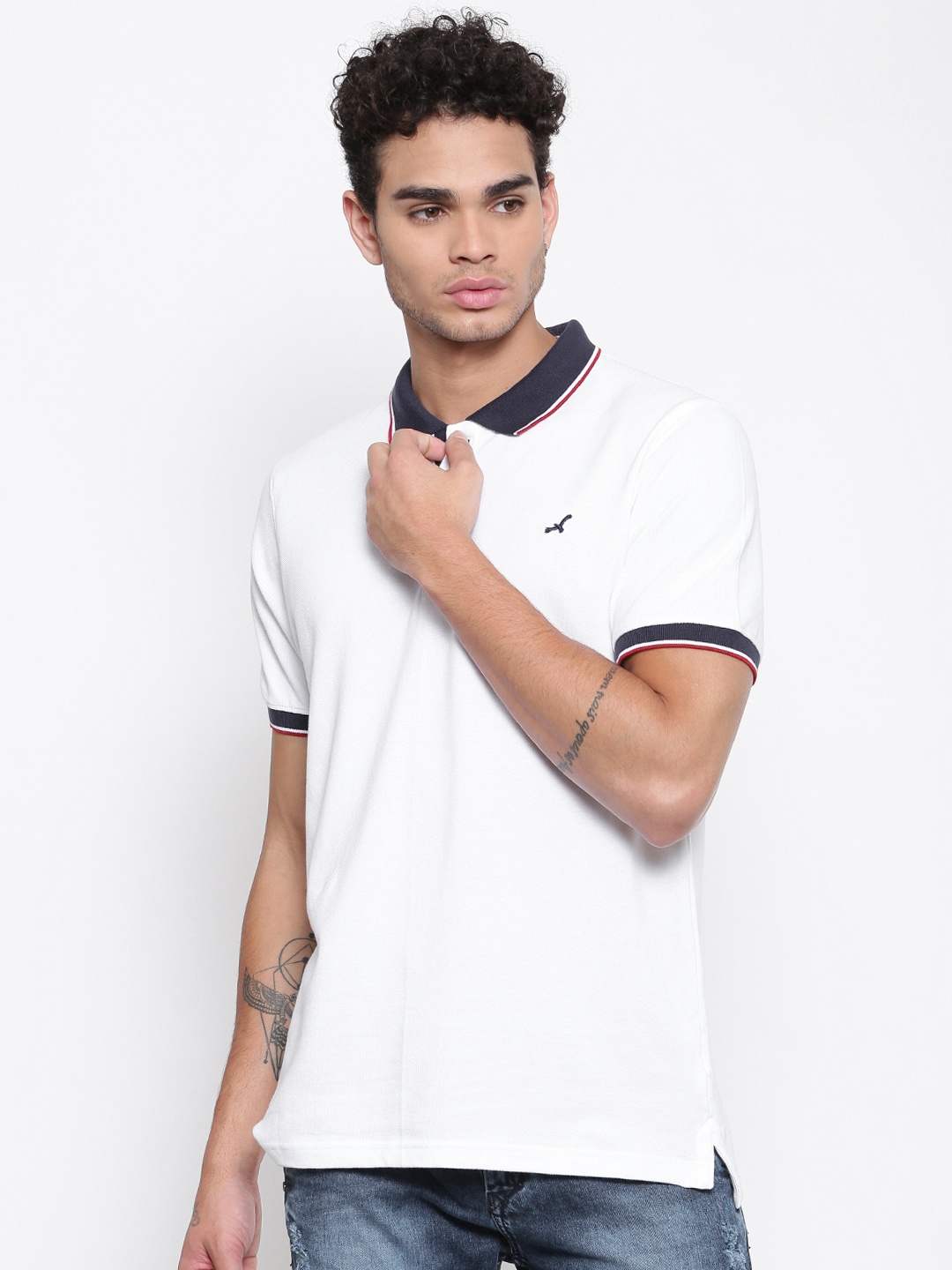 

American Crew Men White Solid Polo Collar Pure Cotton T-shirt