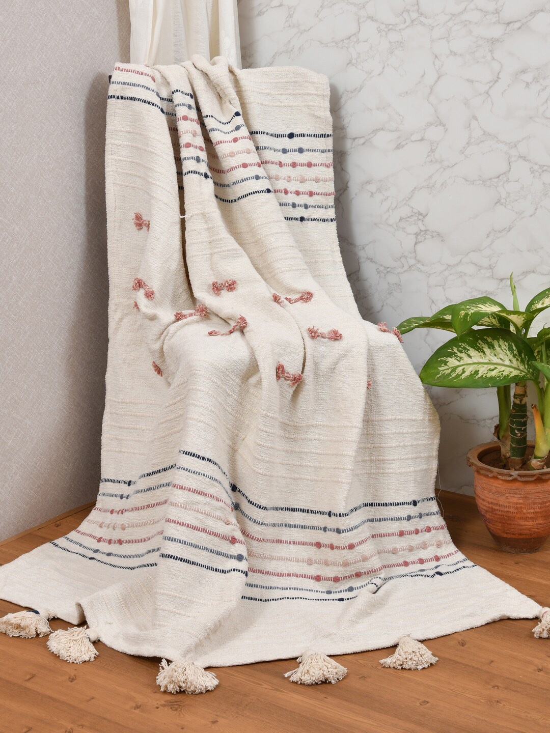 

Gulaab Jaipur White & Blue Self-Design Cotton Throws