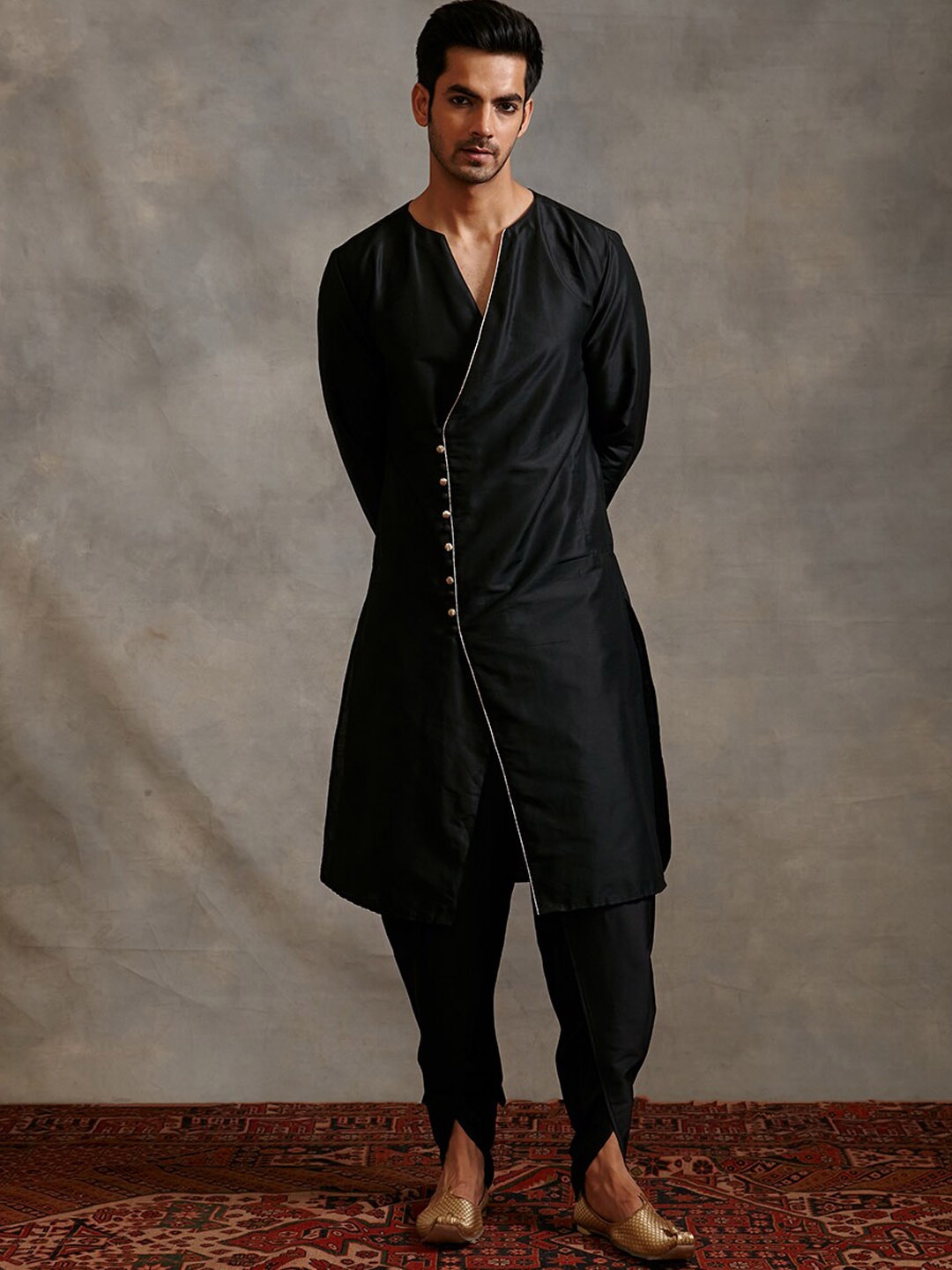 

Abhishti Men V-Neck Angrakha Kurta with Dhoti Pants, Black