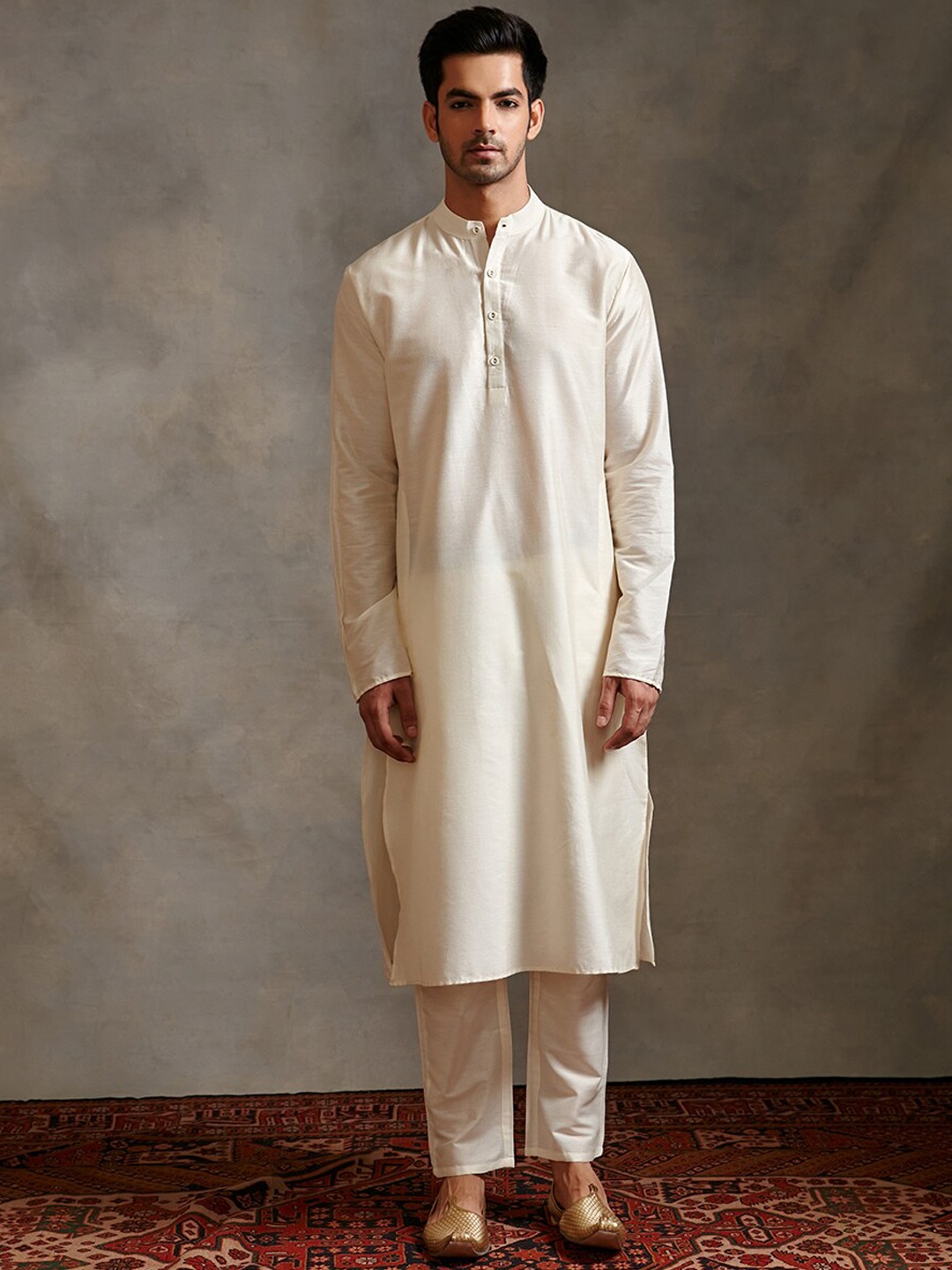 

Abhishti Men Mandarin Collar A-Line Kurta with Pyjamas, Beige