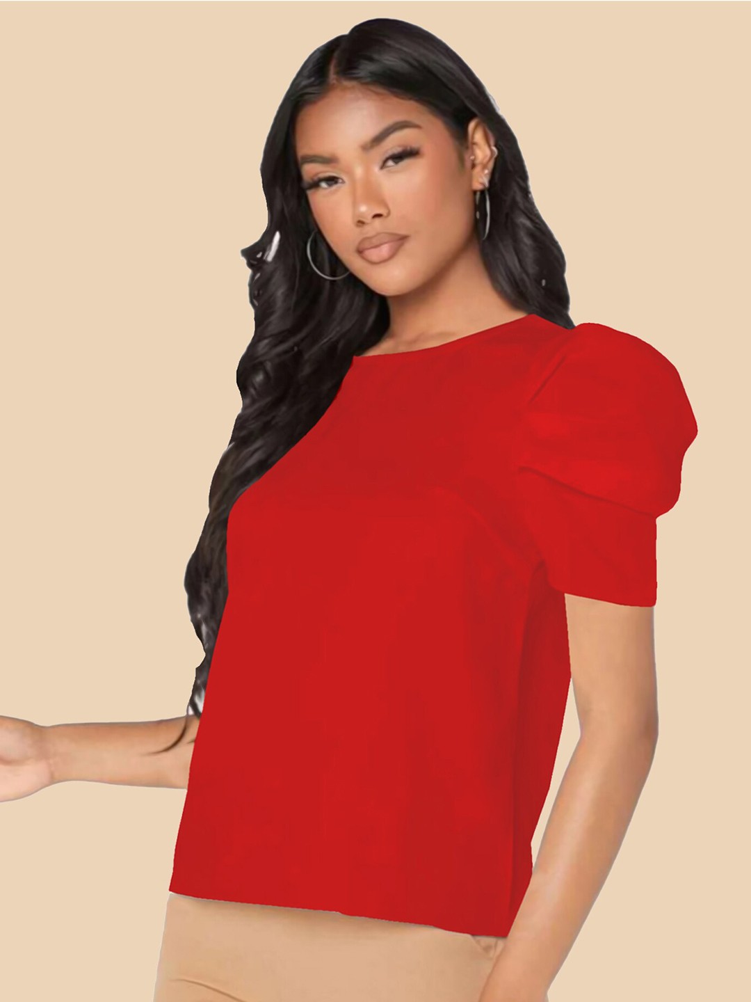 

Dream Beauty Fashion Round Neck Puff Sleeve Top, Red