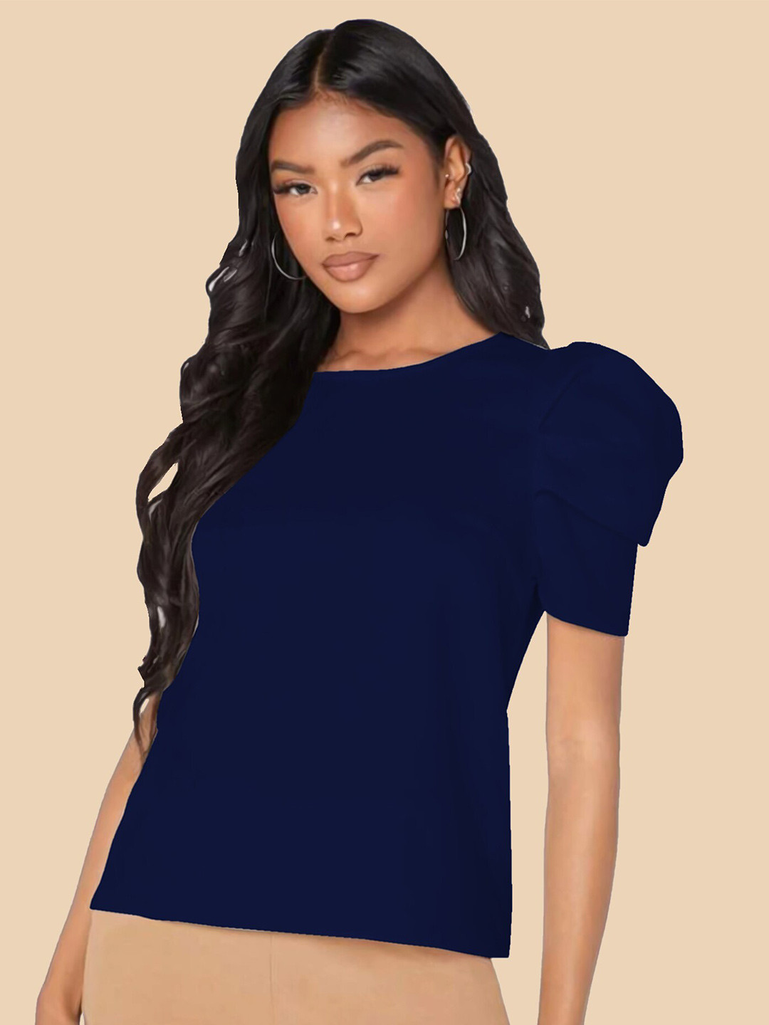

Dream Beauty Fashion Puff Sleeves Round Neck Top, Navy blue