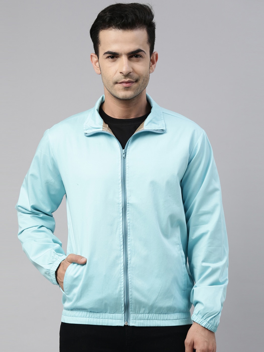 CINOCCI Men Mock Collar Cotton Sporty Jacket, Blue
