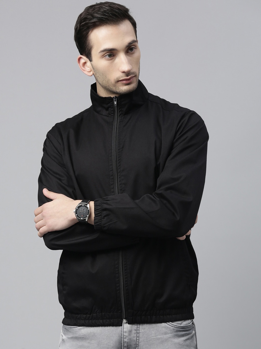 

CINOCCI Men Mock Collar Cotton Sporty Jacket, Black