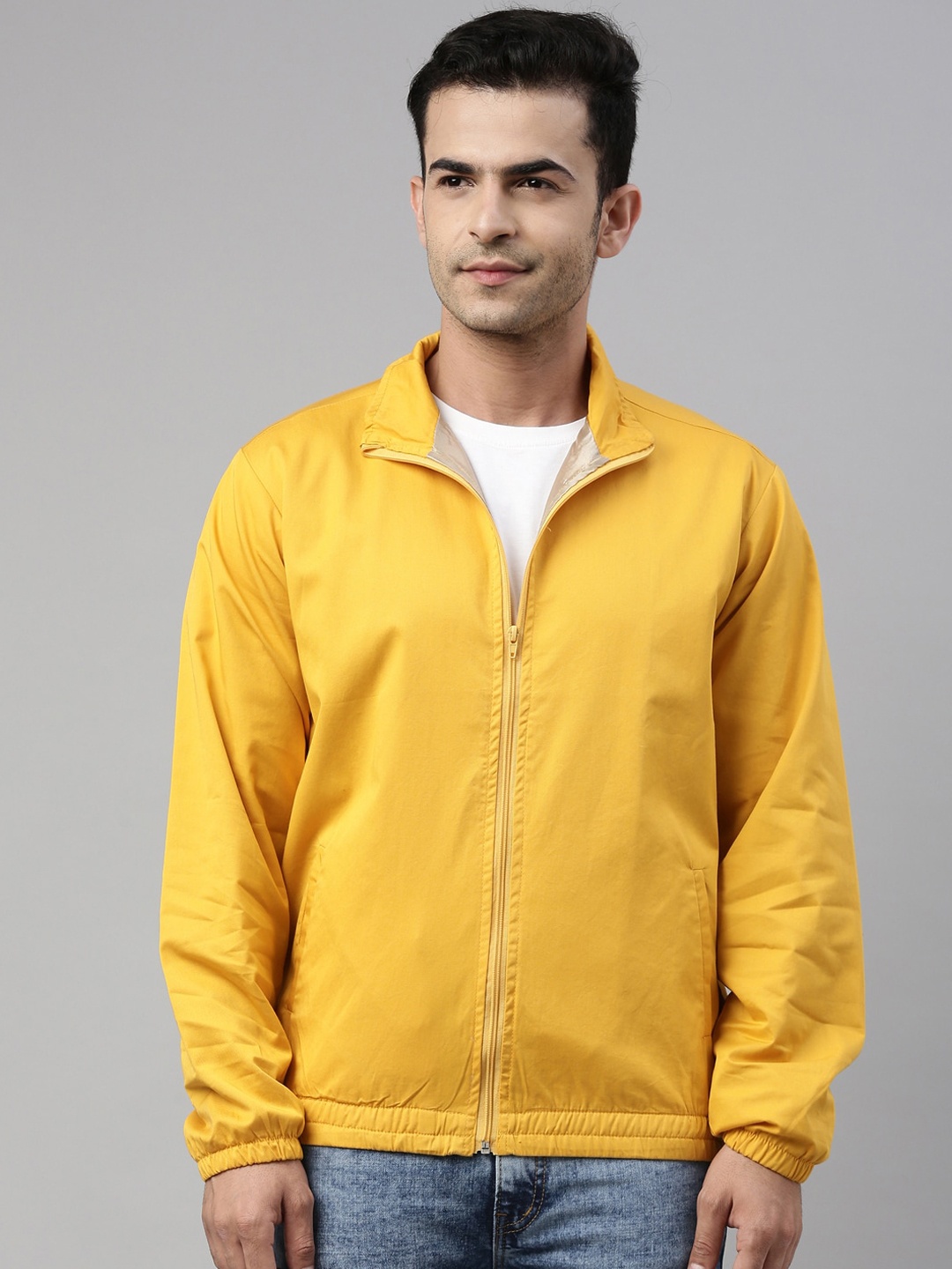 CINOCCI Men Mock Collar Cotton Sporty Jacket, Yellow