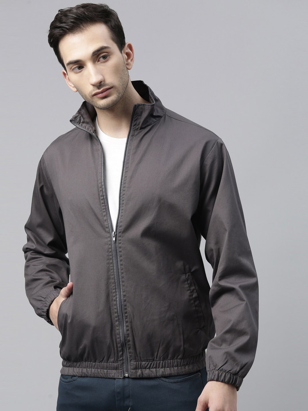 

CINOCCI Men Mock Collar Cotton Bomber Jacket, Grey