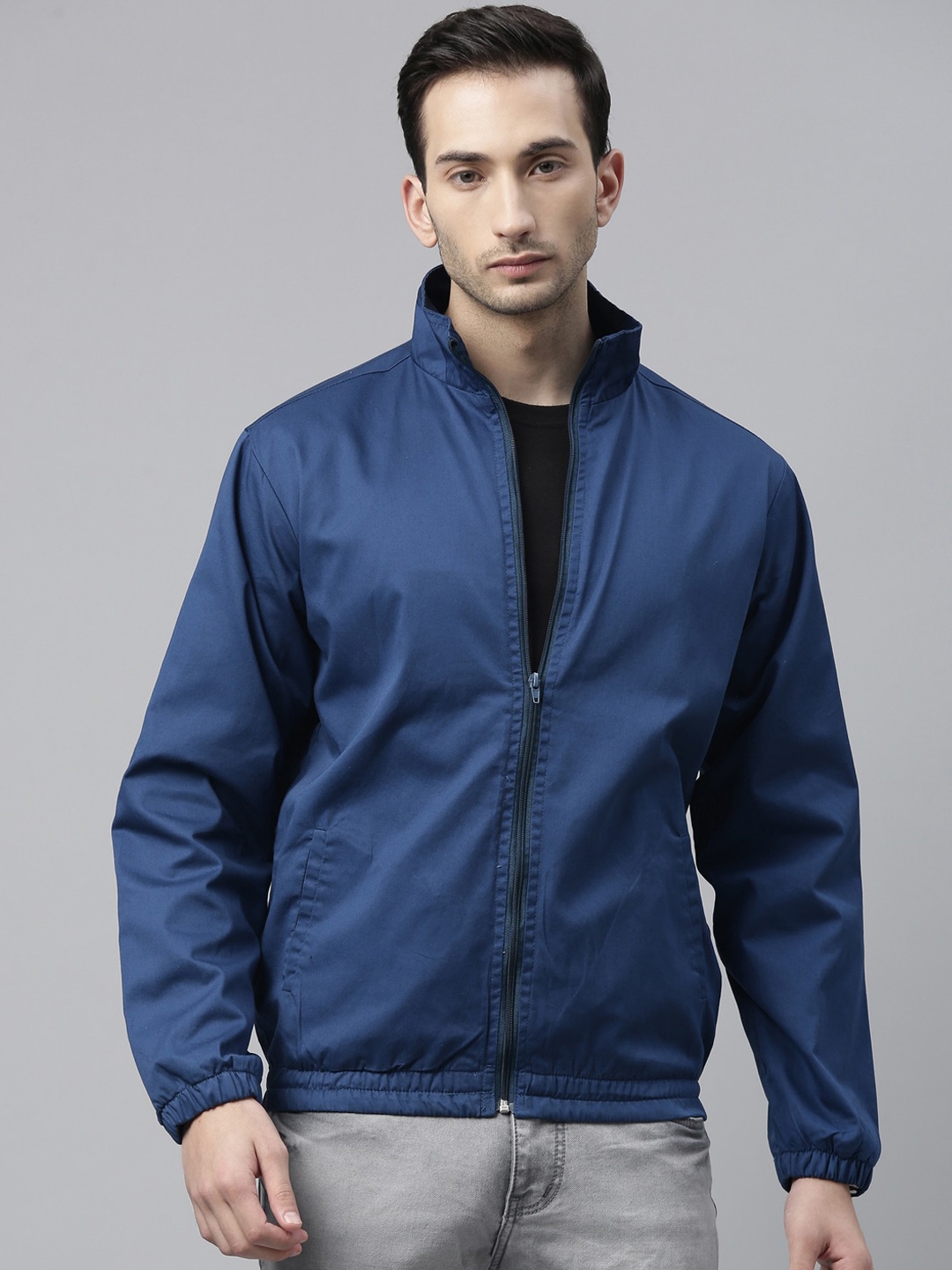 

CINOCCI Men Mock Collar Cotton Bomber Jacket, Blue
