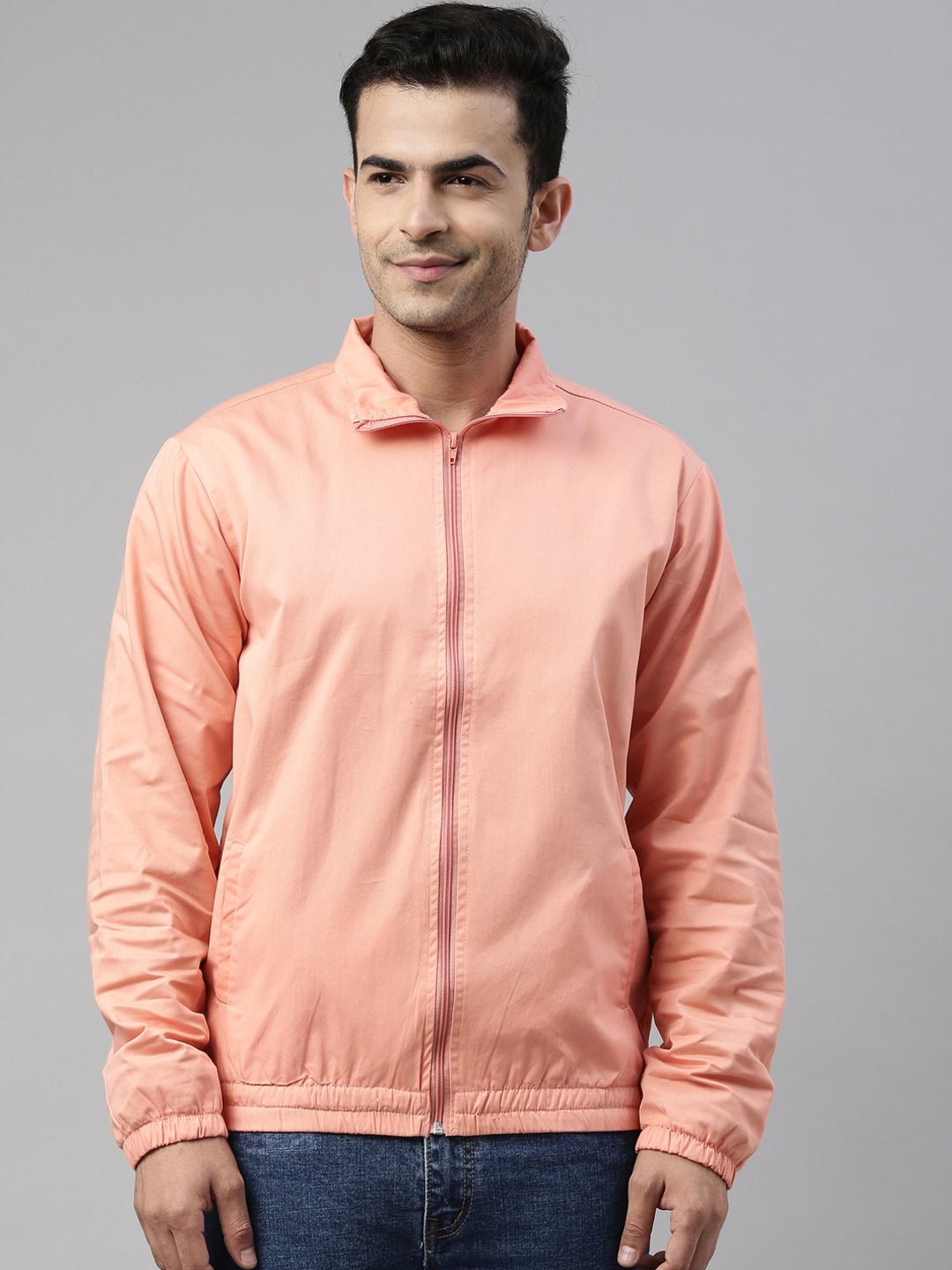 

CINOCCI Men Mock Collar Cotton Bomber Jacket, Peach