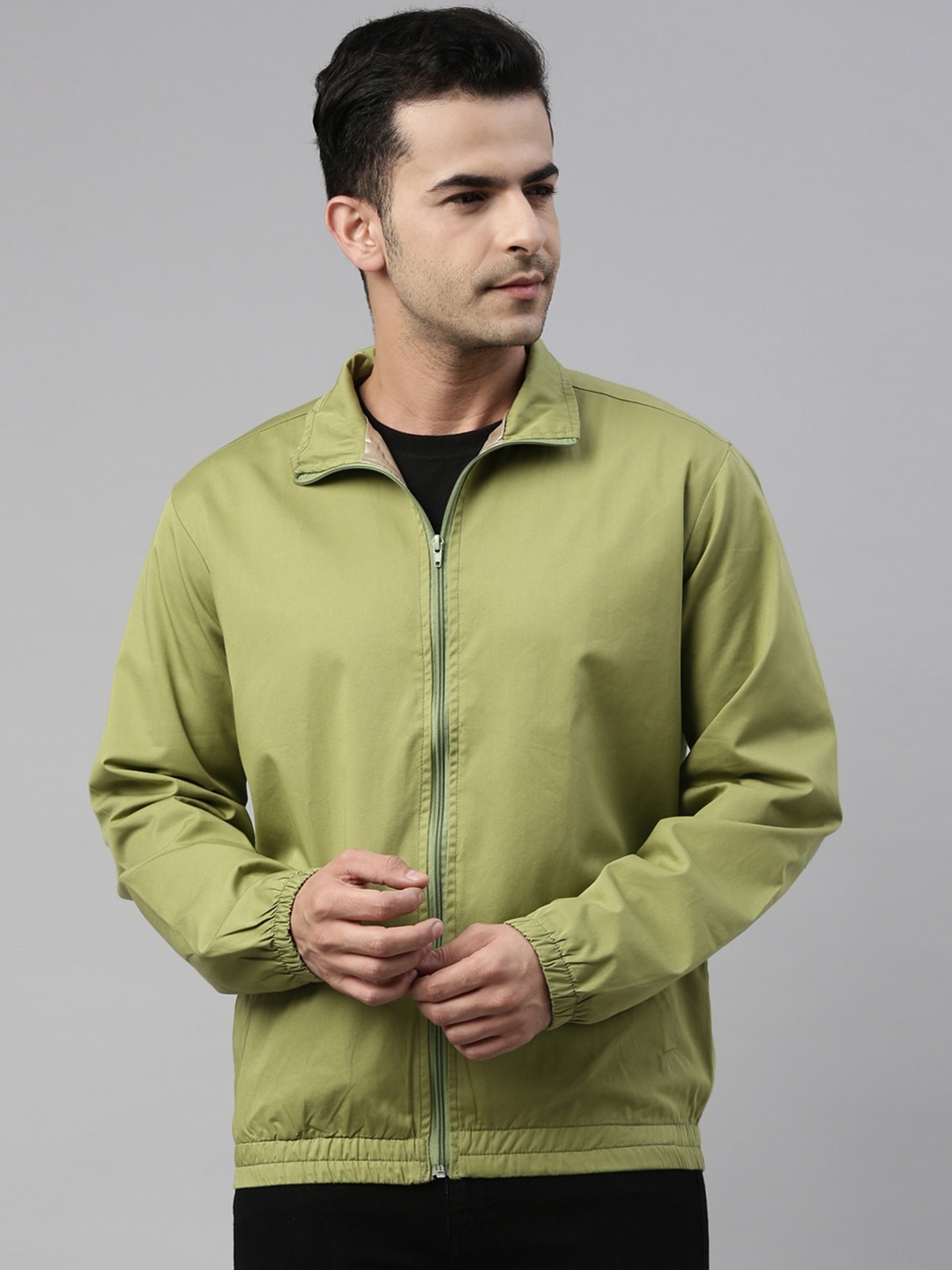 

CINOCCI Men Mock Collar Cotton Bomber Jacket, Green