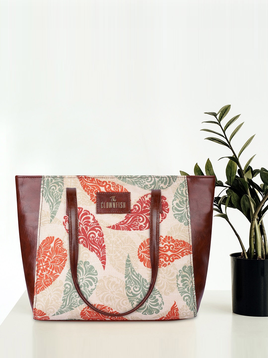 

THE CLOWNFISH Valentine Ethnic Motifs Printed Structured Tote Bag, Cream