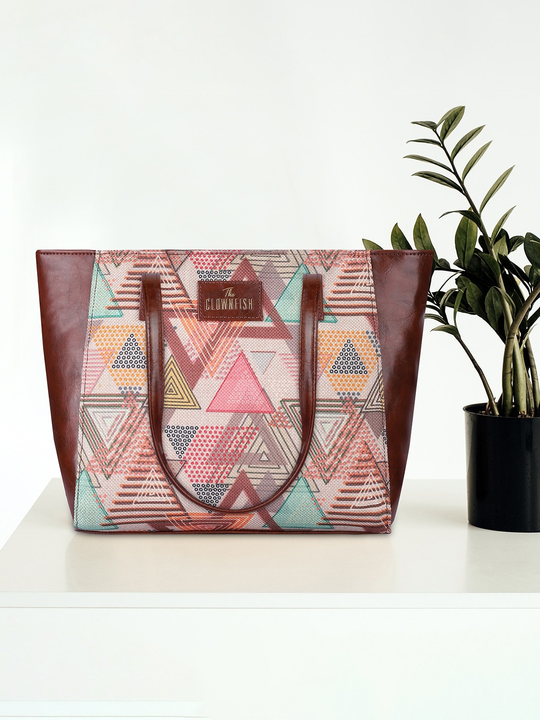 THE CLOWNFISH Valentine Geometric Printed Structured Jute Tote Bag, Coffee brown