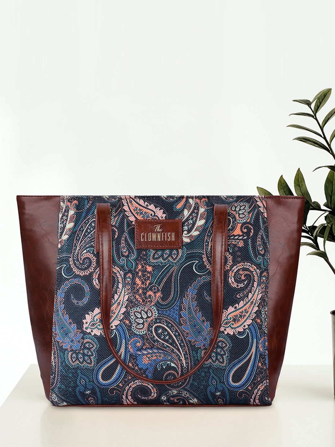 

THE CLOWNFISH Floral Printed Structured Tote Bag, Navy blue