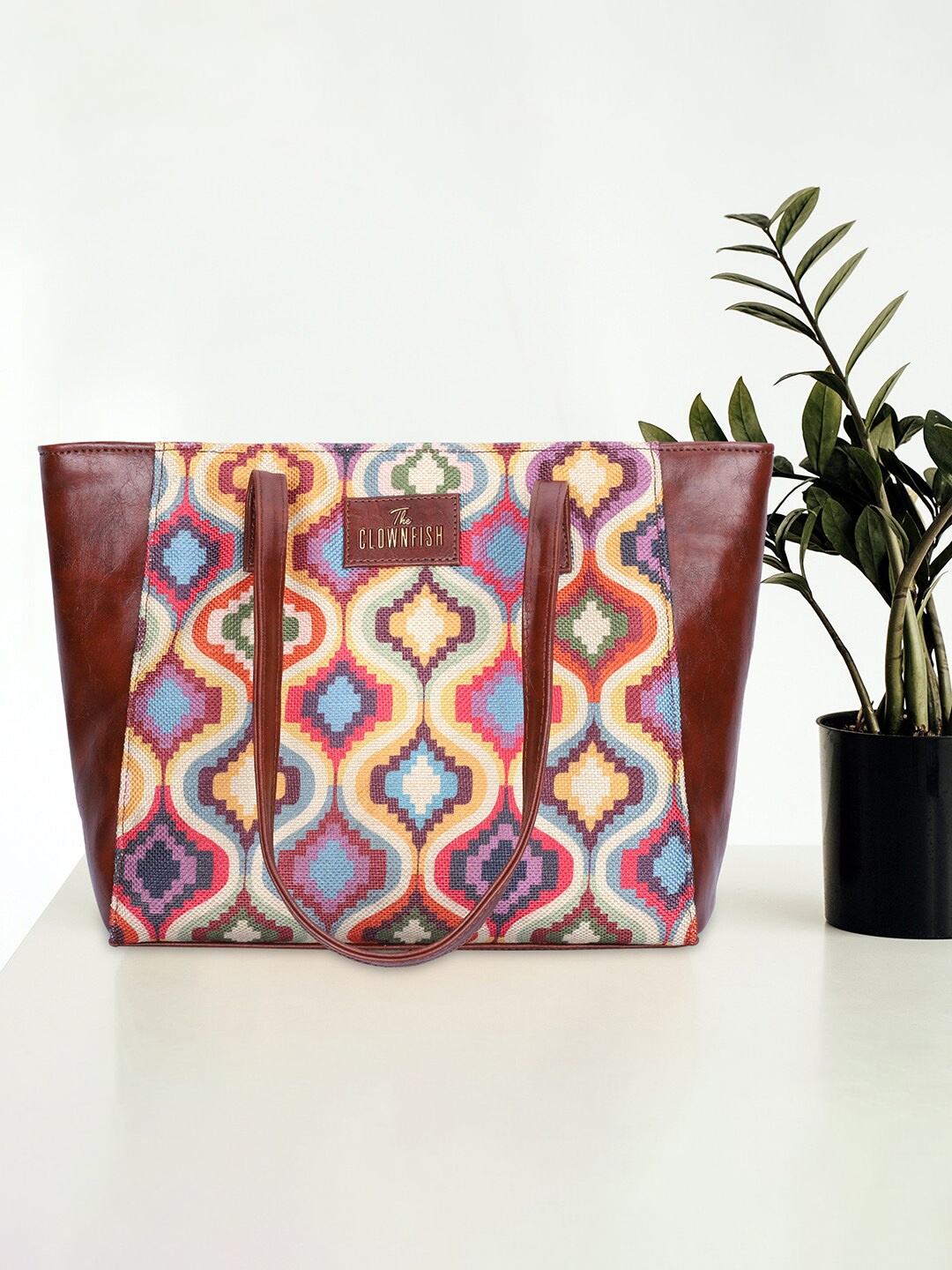 

THE CLOWNFISH Valentine Geometric Printed Structured Tote Bag, Brown