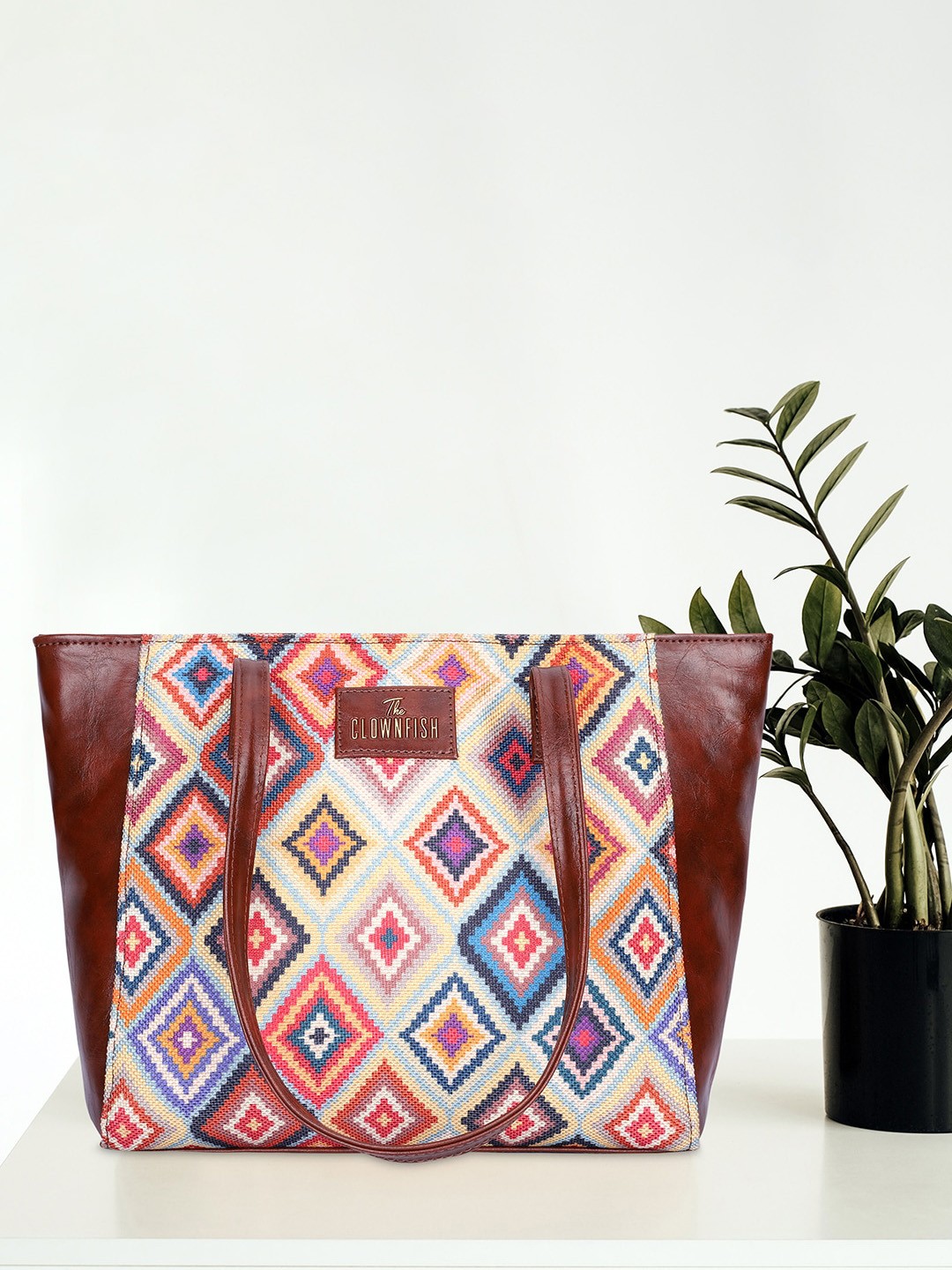 

THE CLOWNFISH Valentine Geometric Printed Structured Tote Bag, Brown