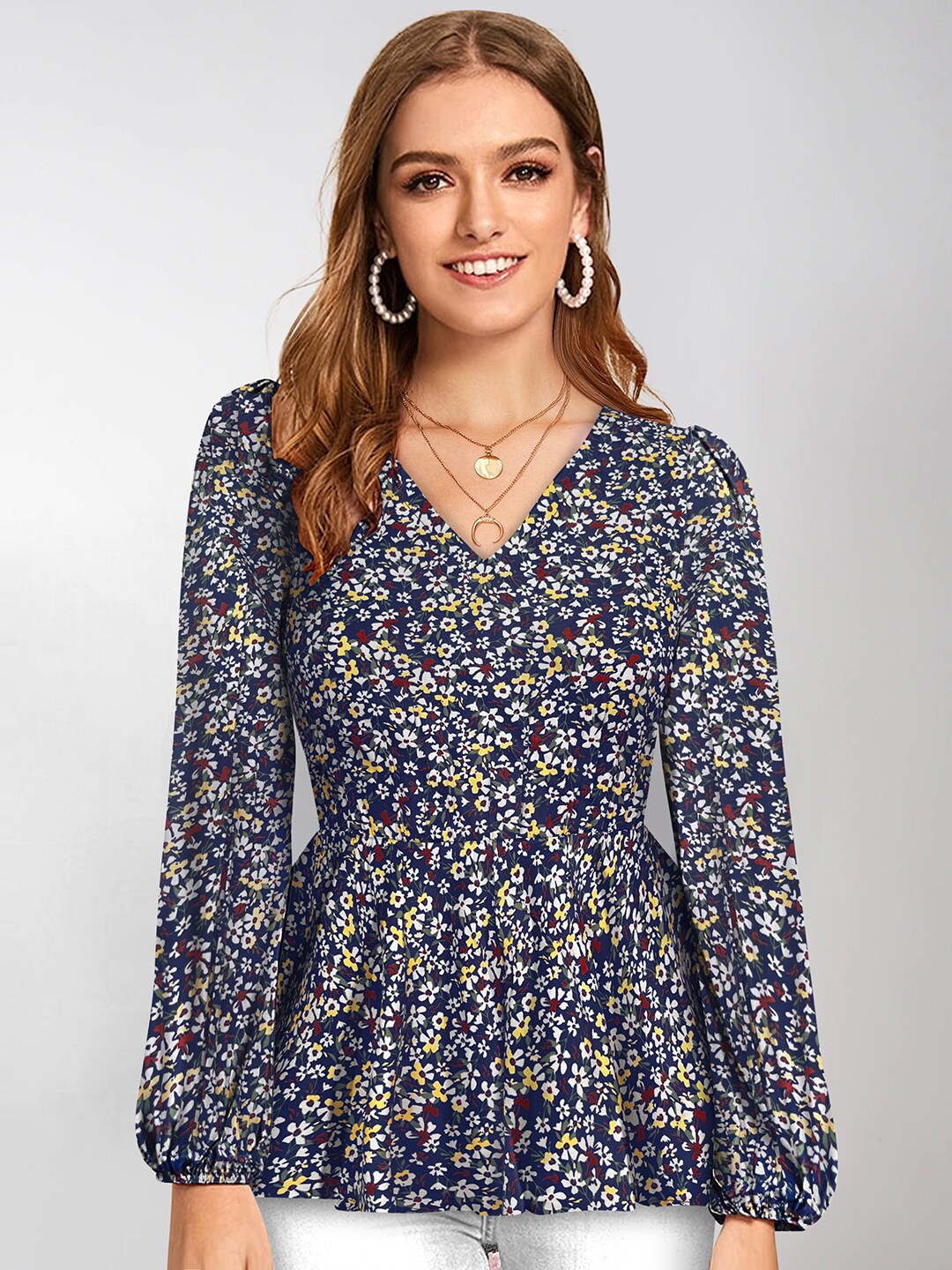 

KERI PERRY Floral Printed Peplum Top, Navy blue