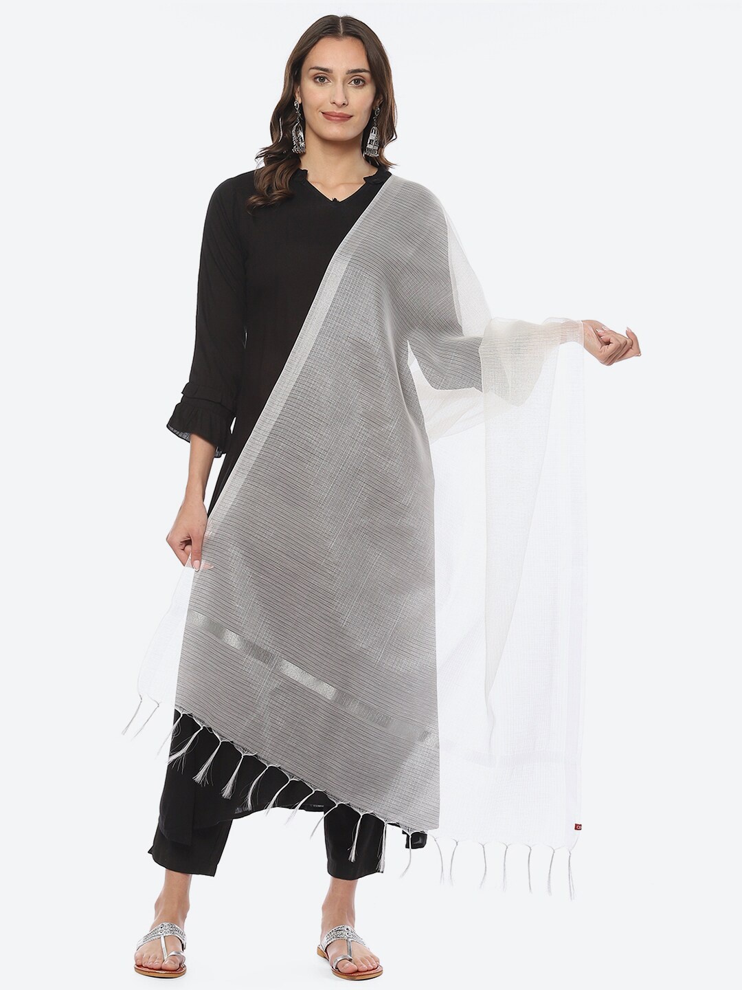 

Biba Self-Design Tasselled Dupatta, Off white