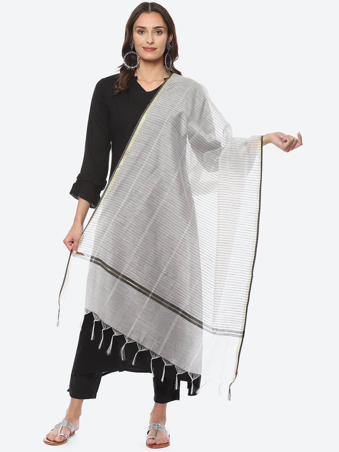 

Biba Striped Tasselled Dupatta, Off white