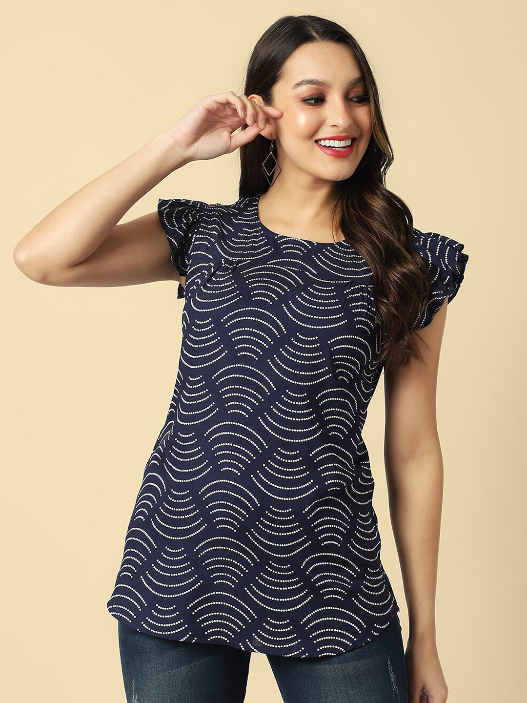 

DAEVISH Round Neck Geometric Printed Top, Blue