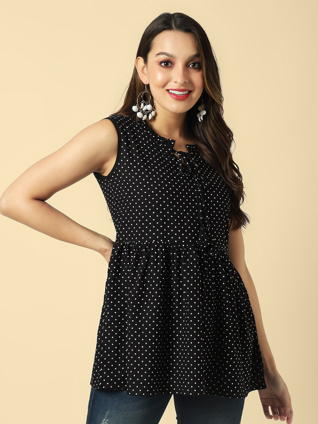 

DAEVISH Polka Dots Printed Tie-Up Neck A-Line Top, Black