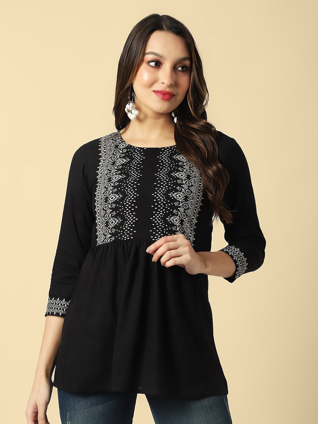 

DAEVISH Ethnic Printed Pleated A-Line Top, Black
