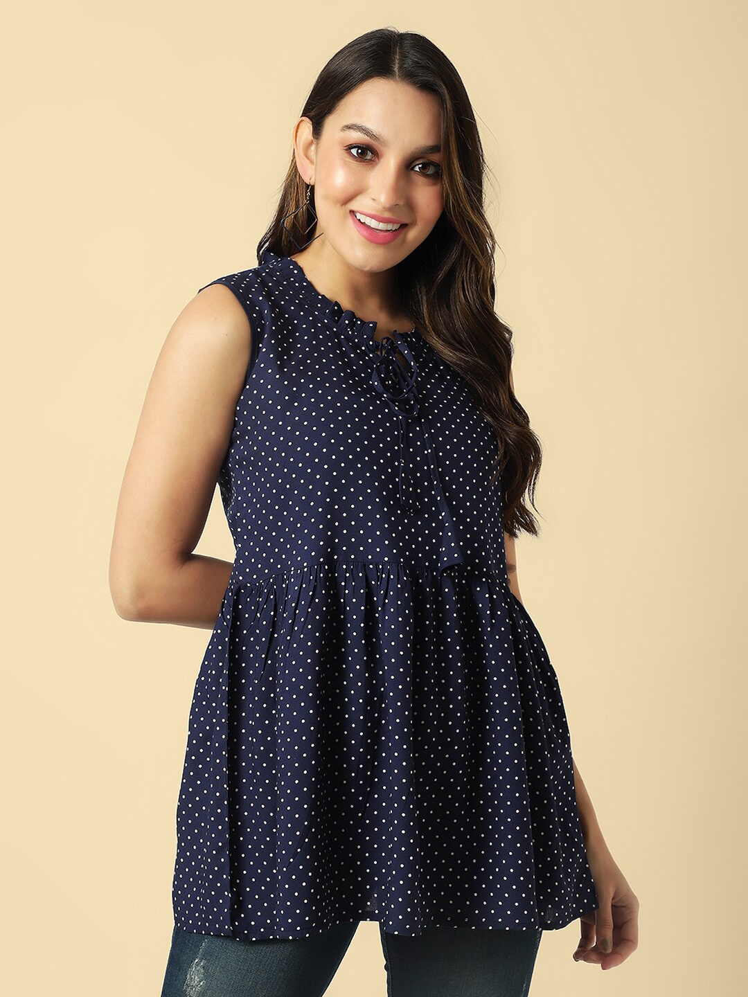 

DAEVISH Polka Dots Printed Tie-Up Neck A-Line Top, Blue