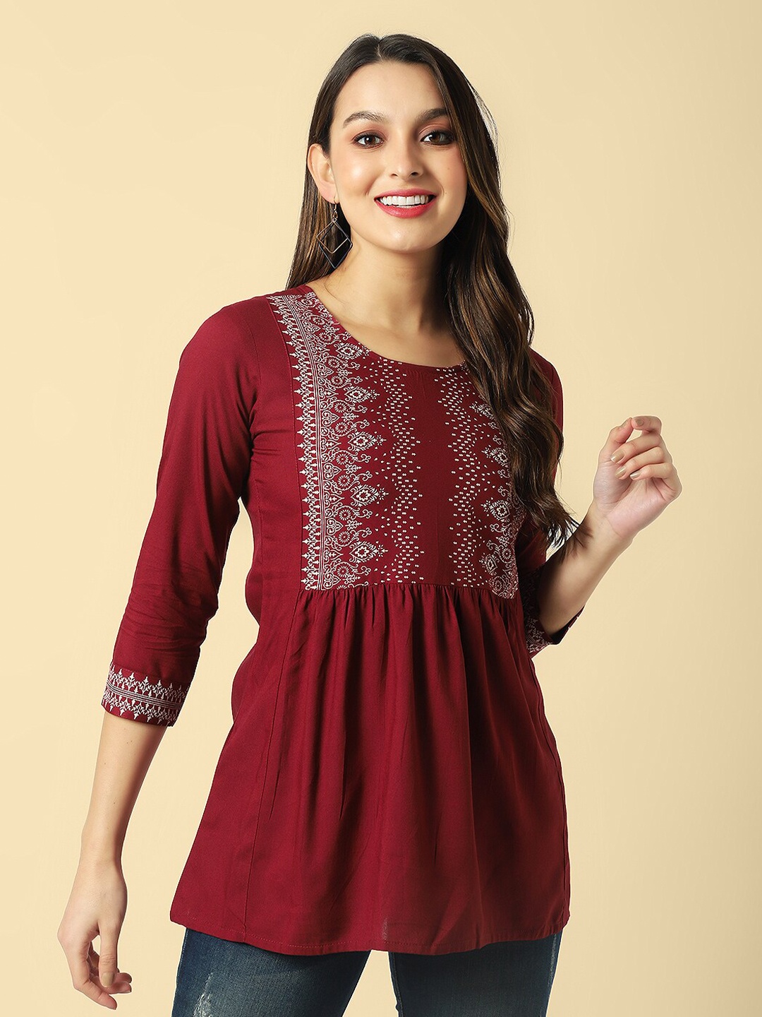 

DAEVISH Ethnic Printed Pleated A-Line Top, Maroon