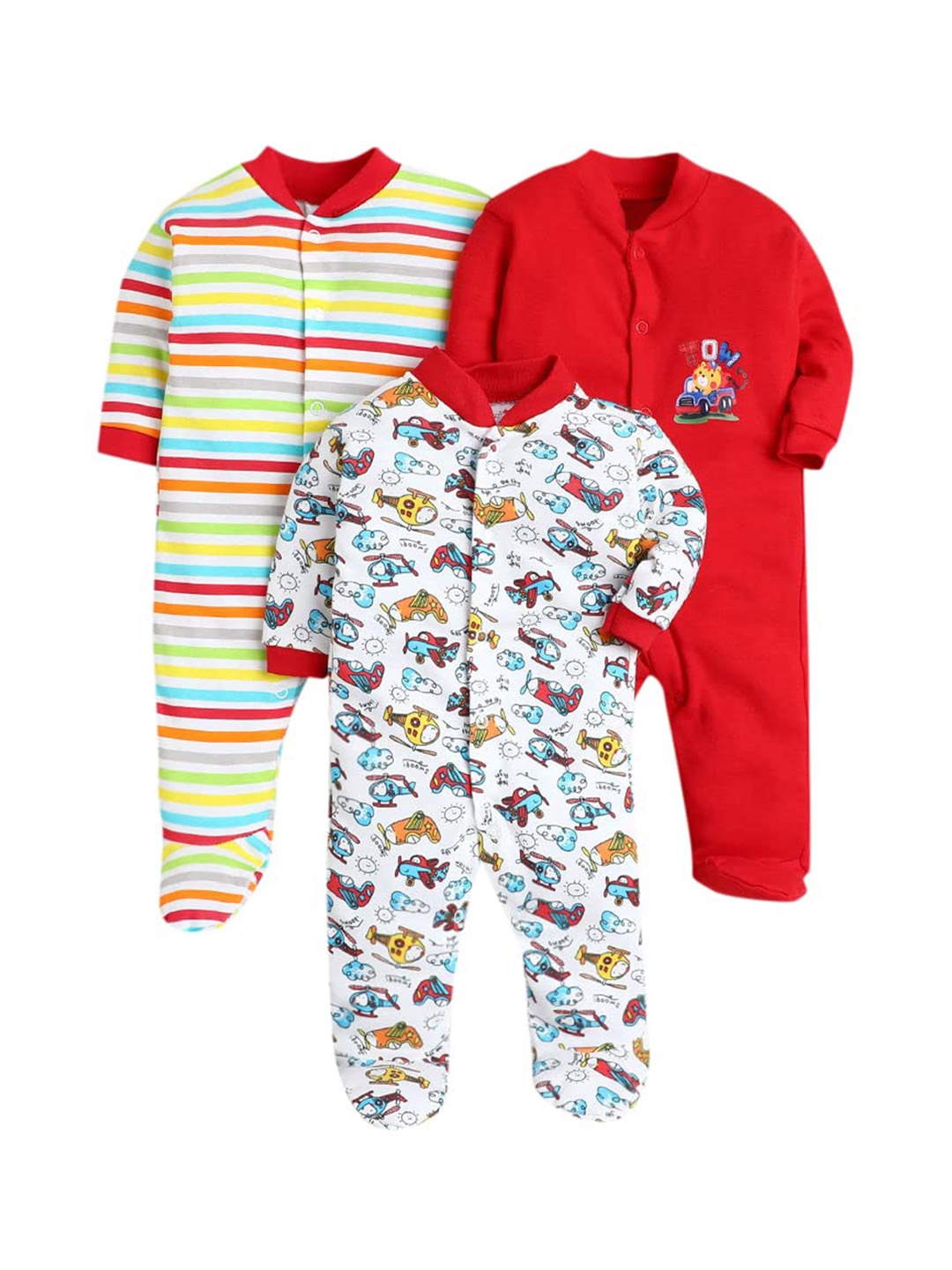 

EIO Infant Pack Of 3 Printed Pure Cotton Sleepsuits, Red