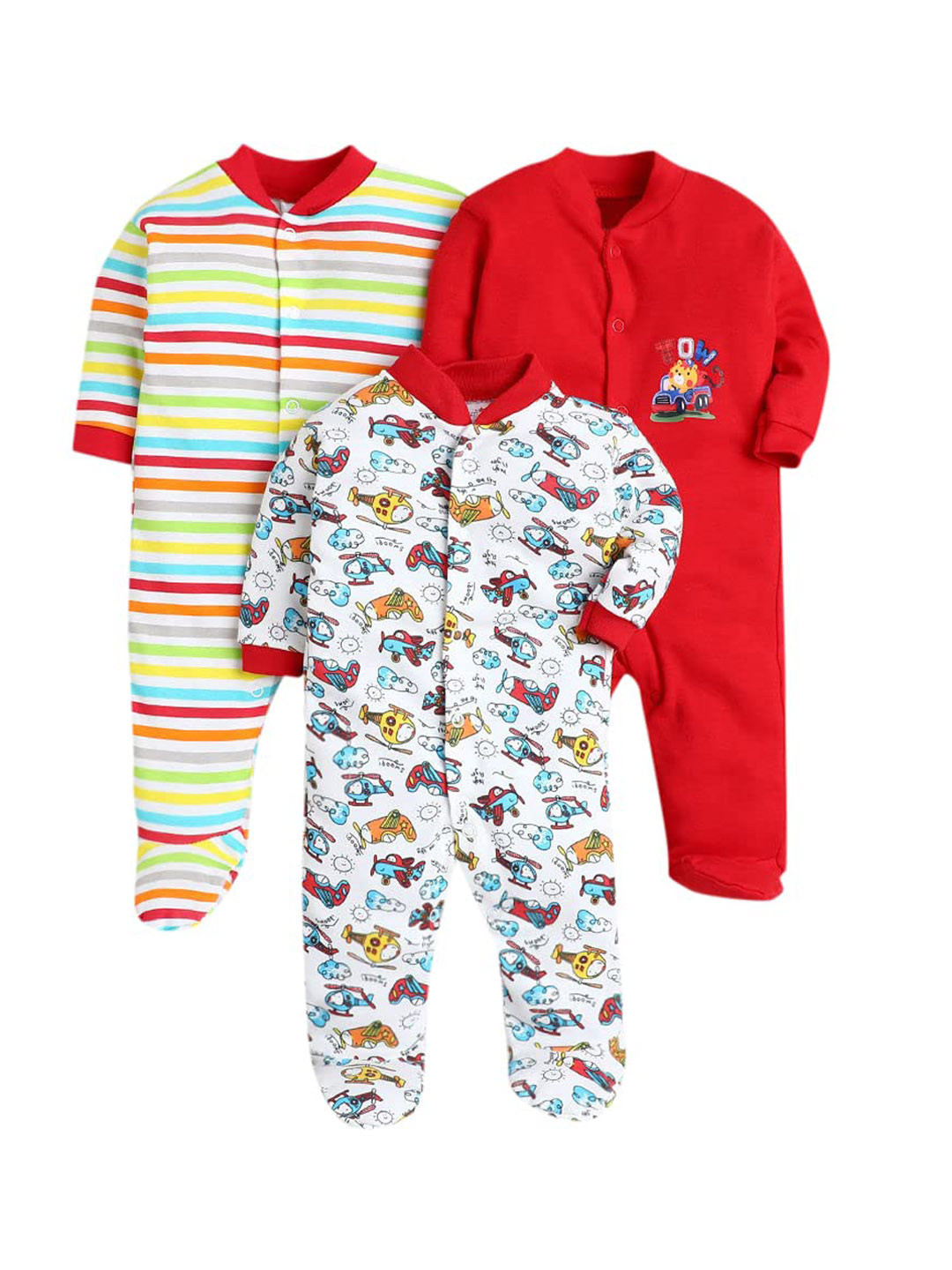 

EIO Infant Pack Of 3 Printed Pure Cotton Sleepsuits, Red