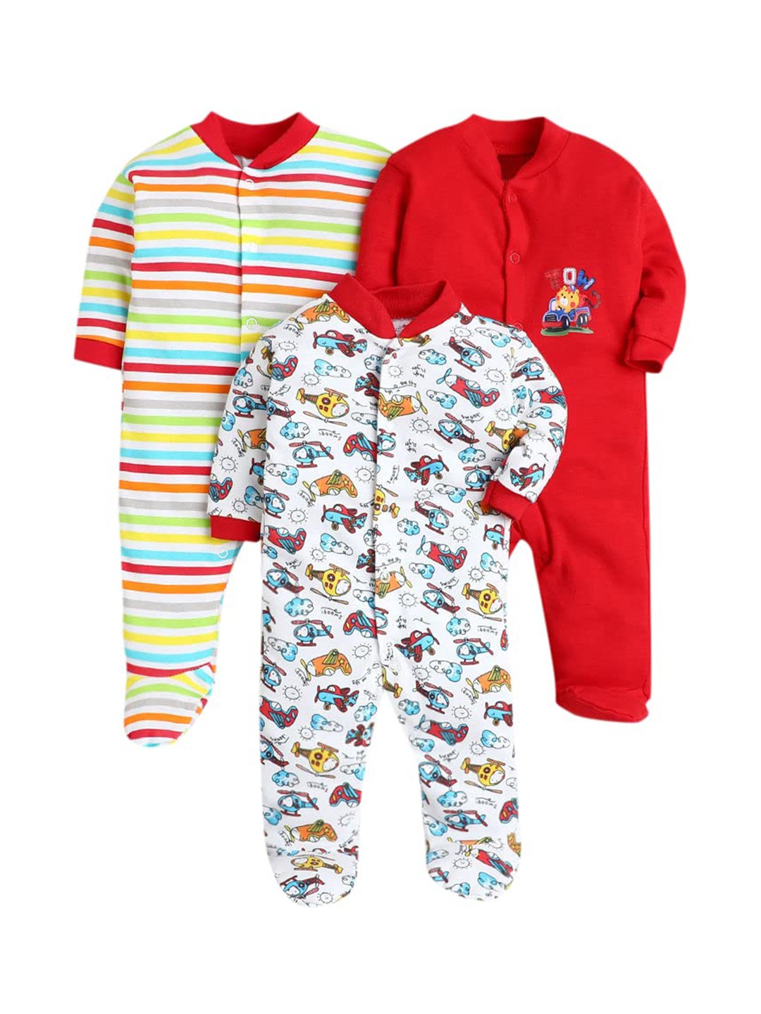 

EIO Infant Pack Of 3 Printed Pure Cotton Sleepsuits, Red