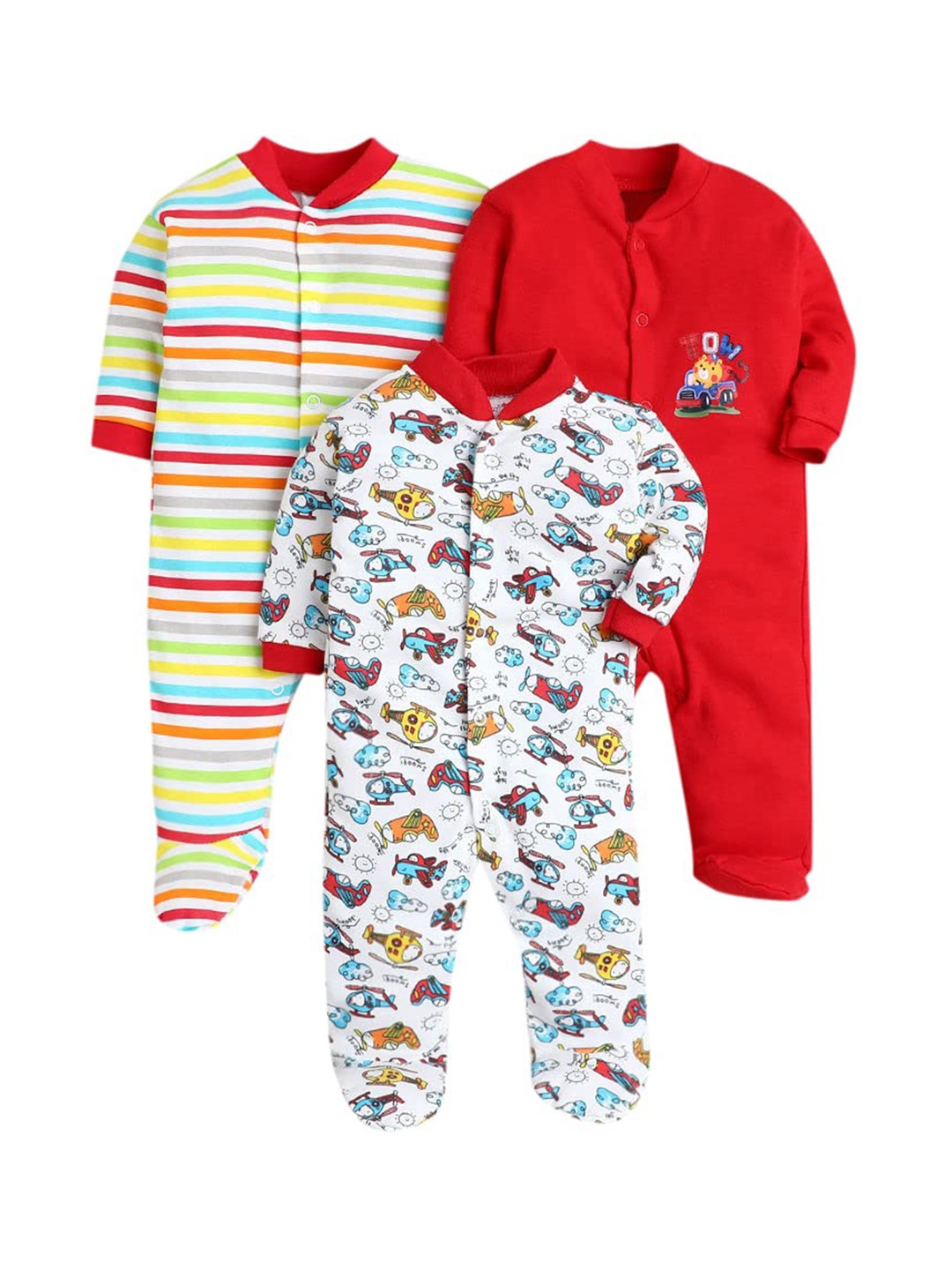 

EIO Infant Pack Of 3 Printed Pure Cotton Sleepsuits, Red