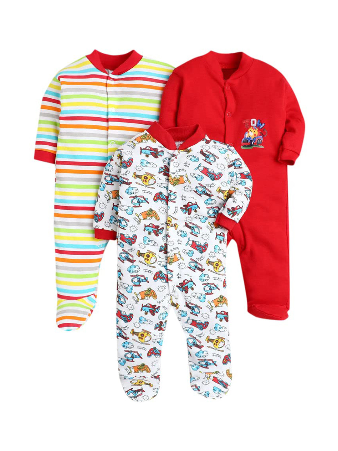 

EIO Infant Kids Pack Of 3 Printed Pure Cotton Sleepsuits, Red