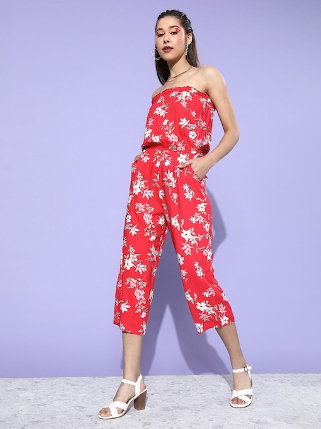 

Sera Off-Shoulder Printed Capri Jumpsuit, Red