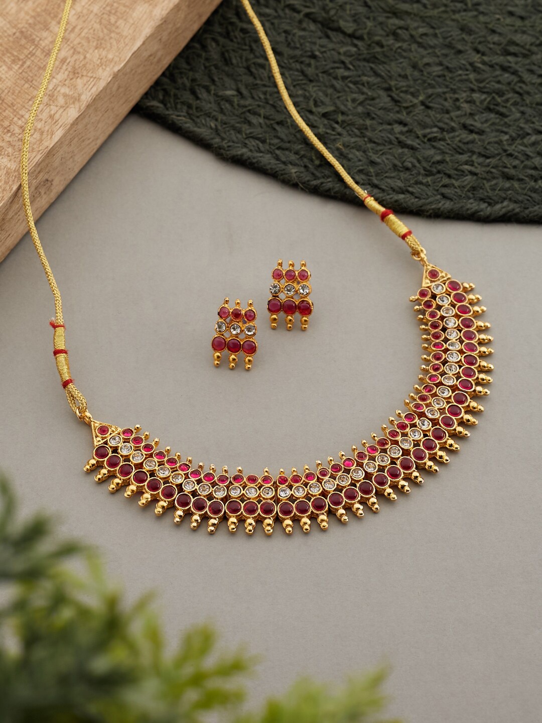 

ATIBELLE Gold-Pleated Stone Studded Jewellery Set, Maroon