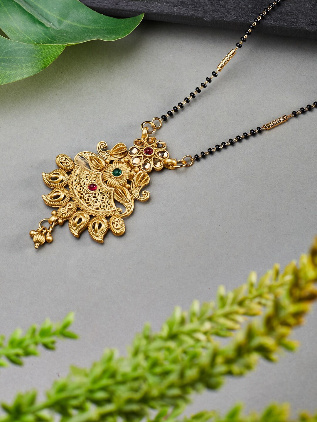 

ATIBELLE Gold-Plated Floral Stone-Studded Mangalsutra