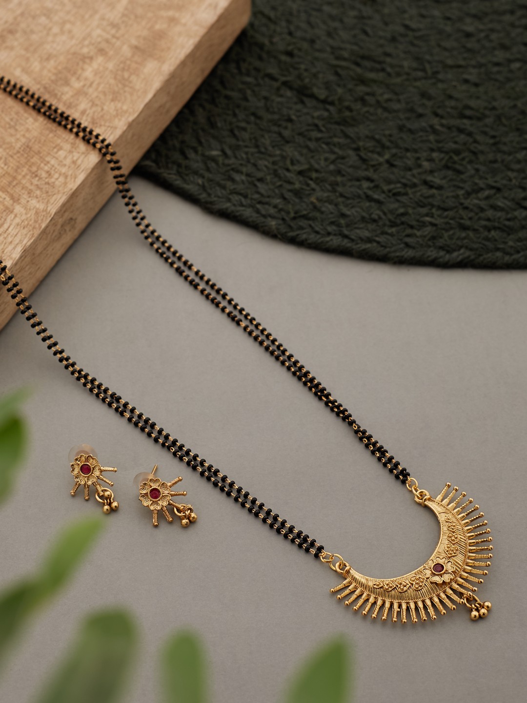 

ATIBELLE Gold Plated Beaded & Stone Studded Mangalsutra With Earrings