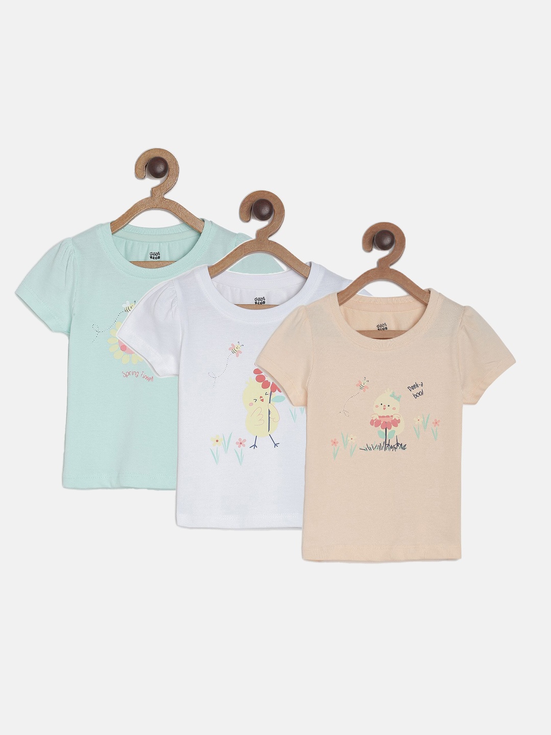 

MINI KLUB Girls Pack Of 3 Printed Pure Cotton T-Shirts, Beige