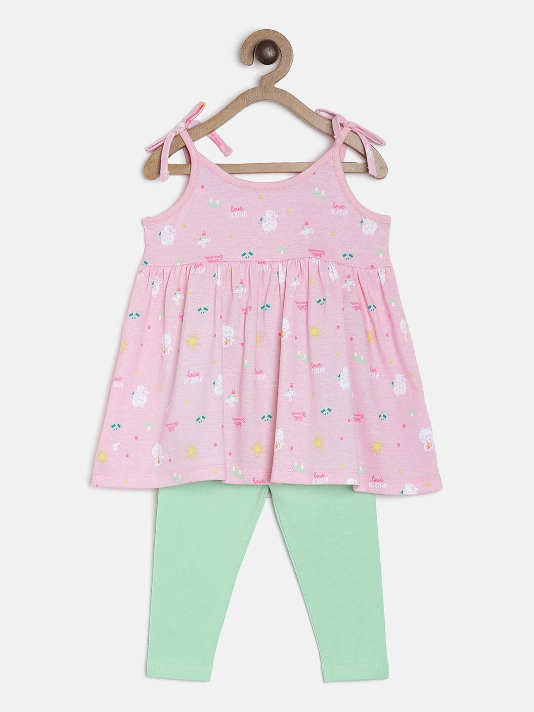 

MINI KLUB Girls Printed Pure Cotton Top with Legging, Pink