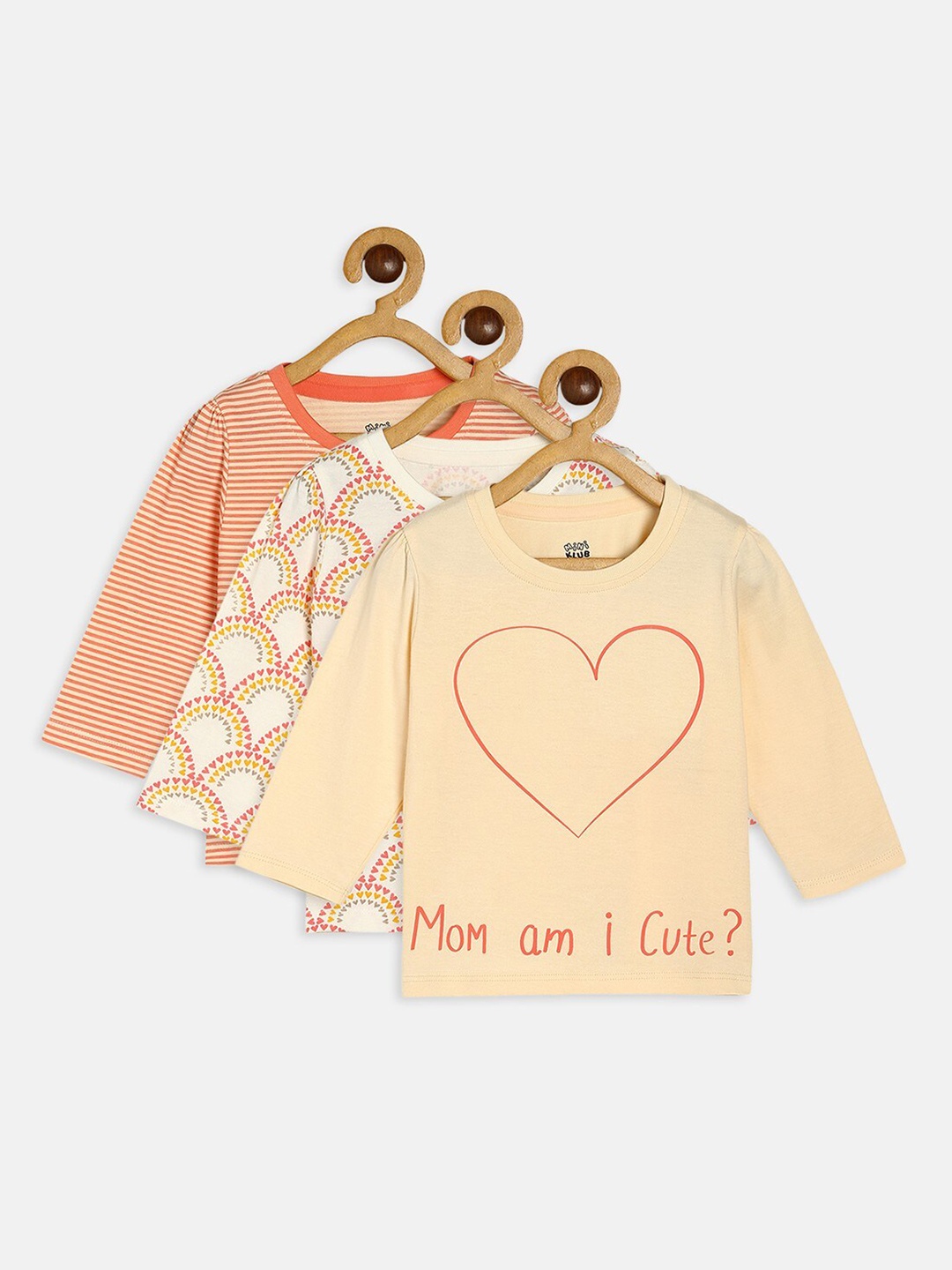 

MINI KLUB Girls Pack Of 3 Typography Printed Pure Cotton T-Shirts, Peach
