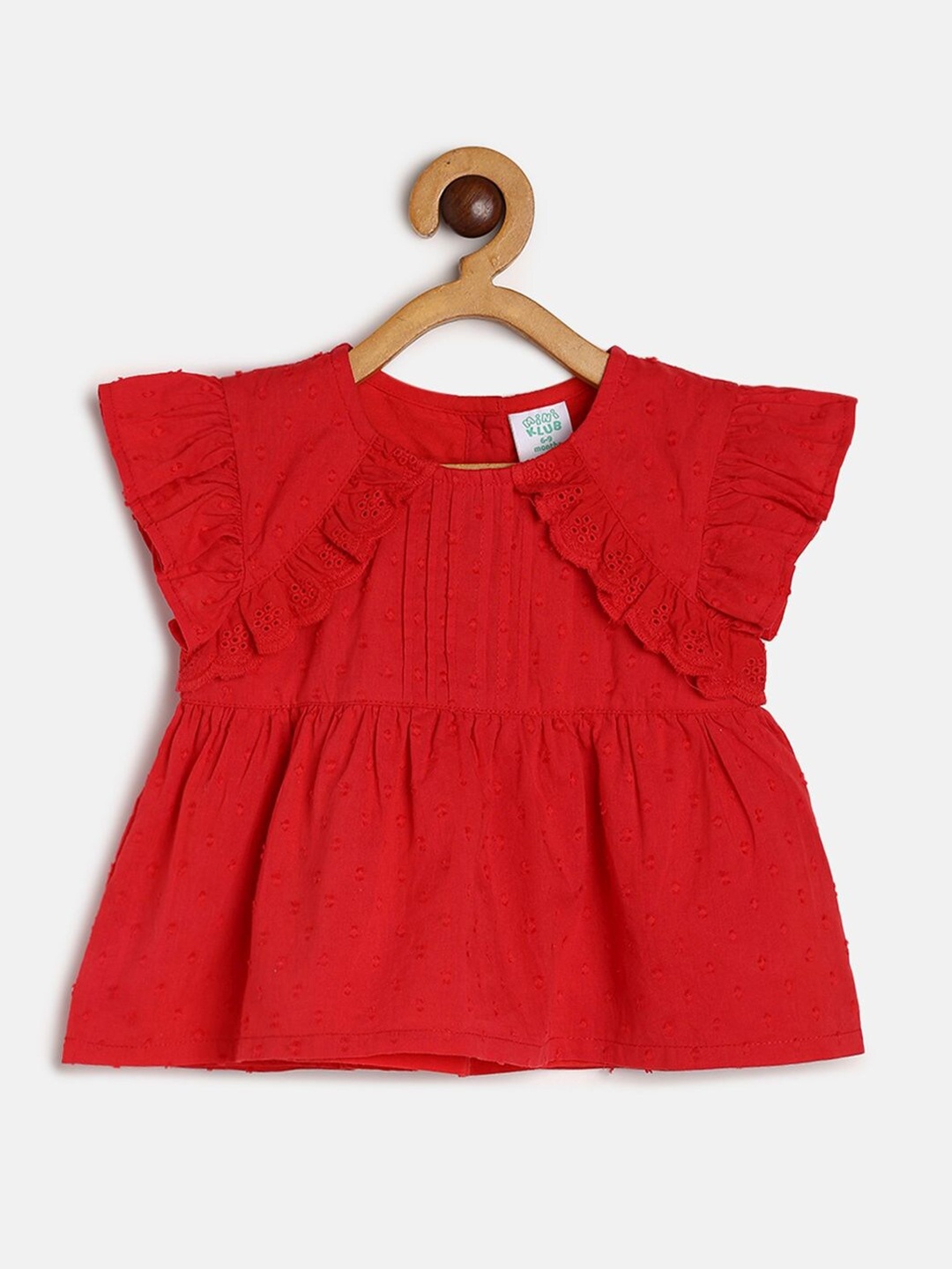 

MINI KLUB Girls Round Neck Flutter Sleeves Pure Cotton Top, Red