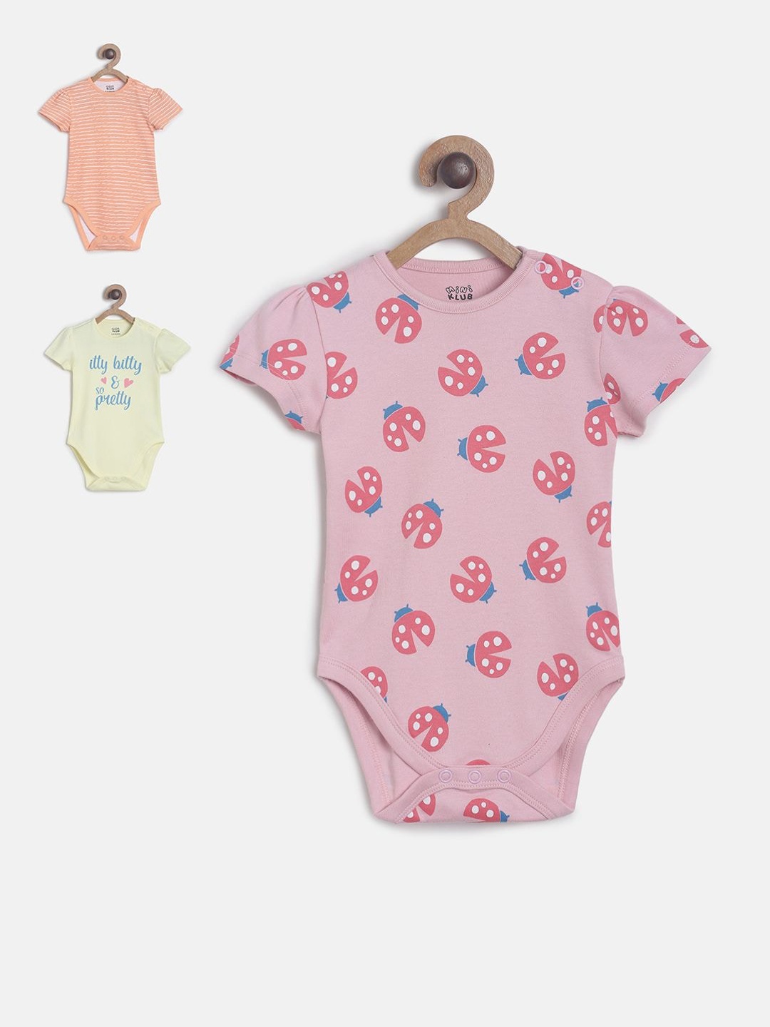 

MINI KLUB Infant Girls Pack Of 3 Printed Pure Cotton Bodysuit, Orange
