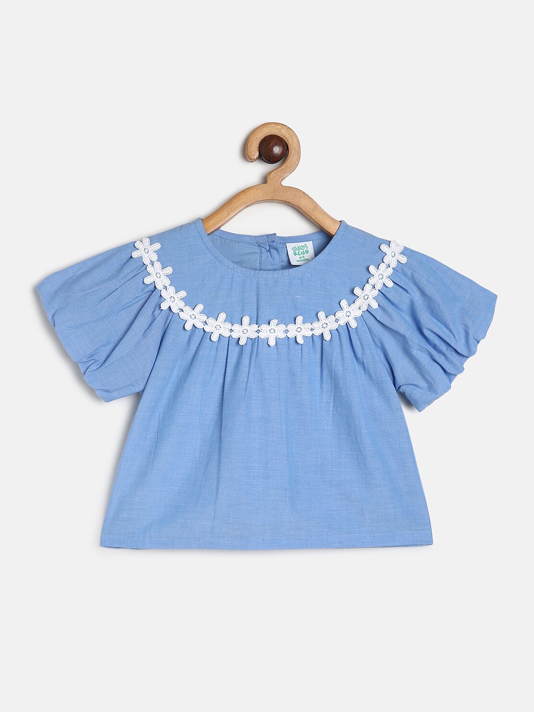 

MINI KLUB Puff Sleeves Lace-Up Pure Cotton Top, Blue