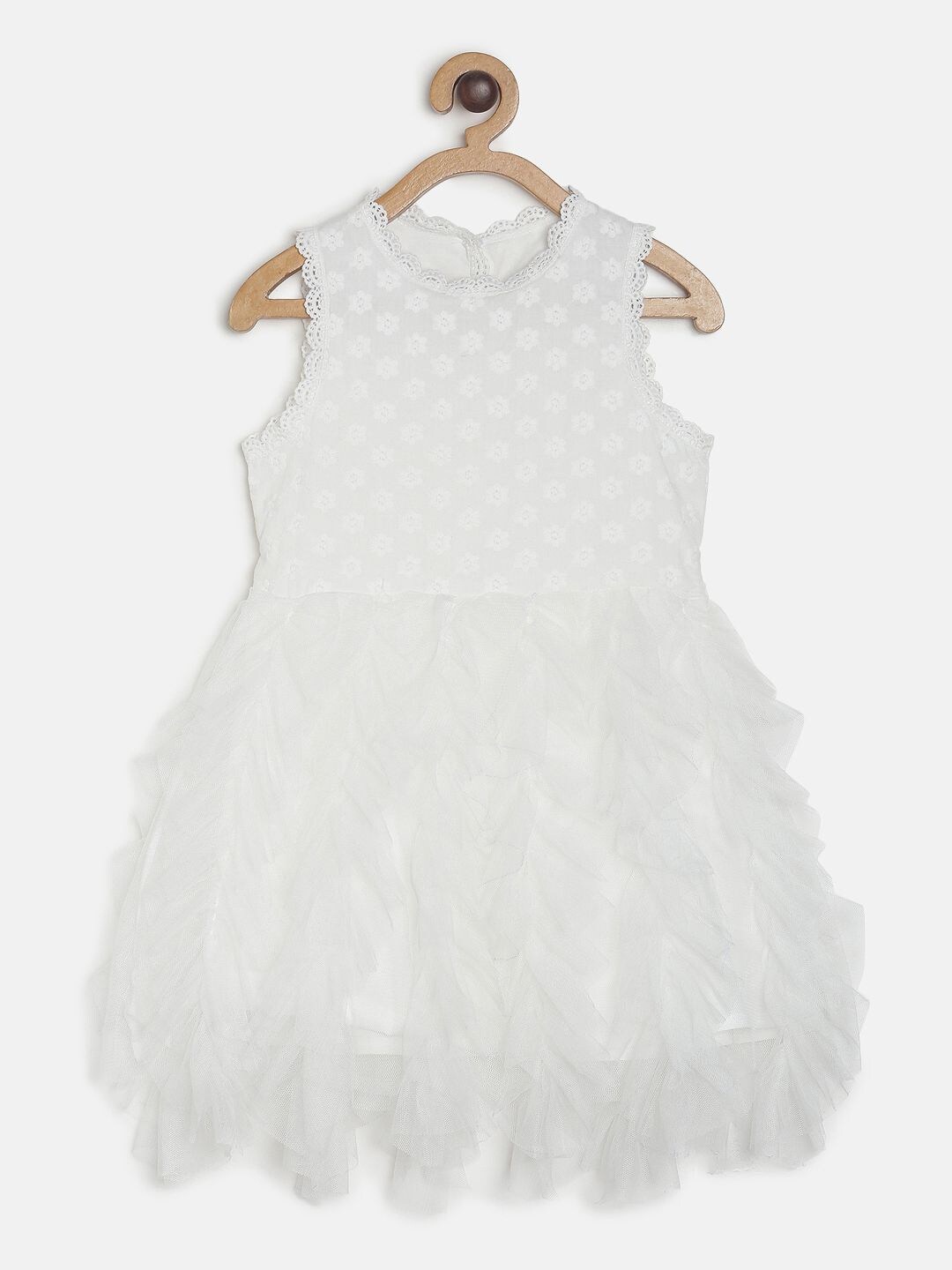

MINI KLUB Girls Floral Embroidered Ruffles Cotton A-Line Dress, White