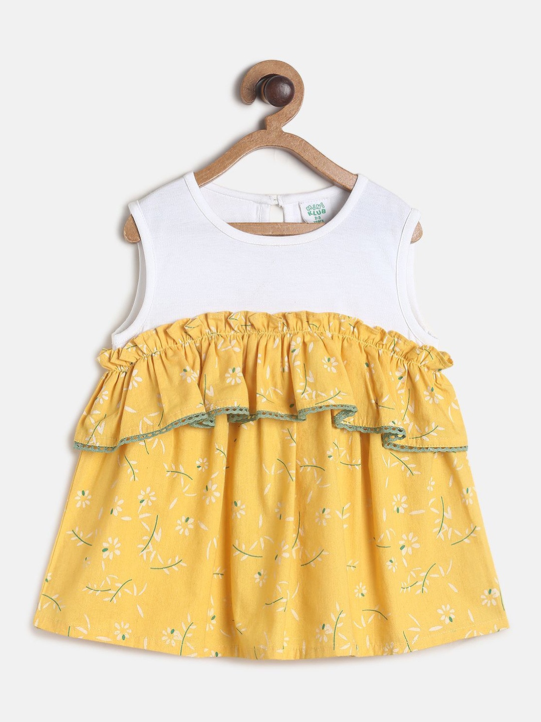 

MINI KLUB Girls Floral Printed Round Neck Pure Cotton A-Line Top, Yellow