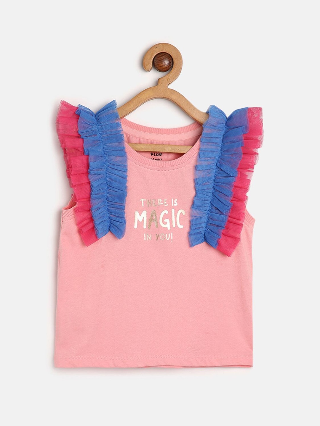 

MINI KLUB Girls Typography Printed Ruffles Pure Cotton Top, Pink