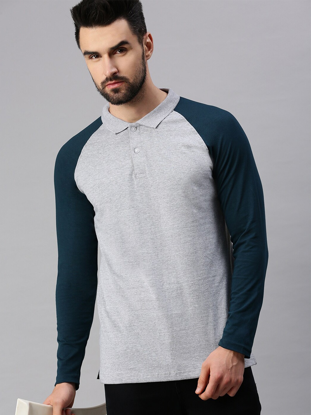 

PEPPYZONE Men Colourblocked Polo collar Raglan Sleeves Cotton T-shirt, Grey