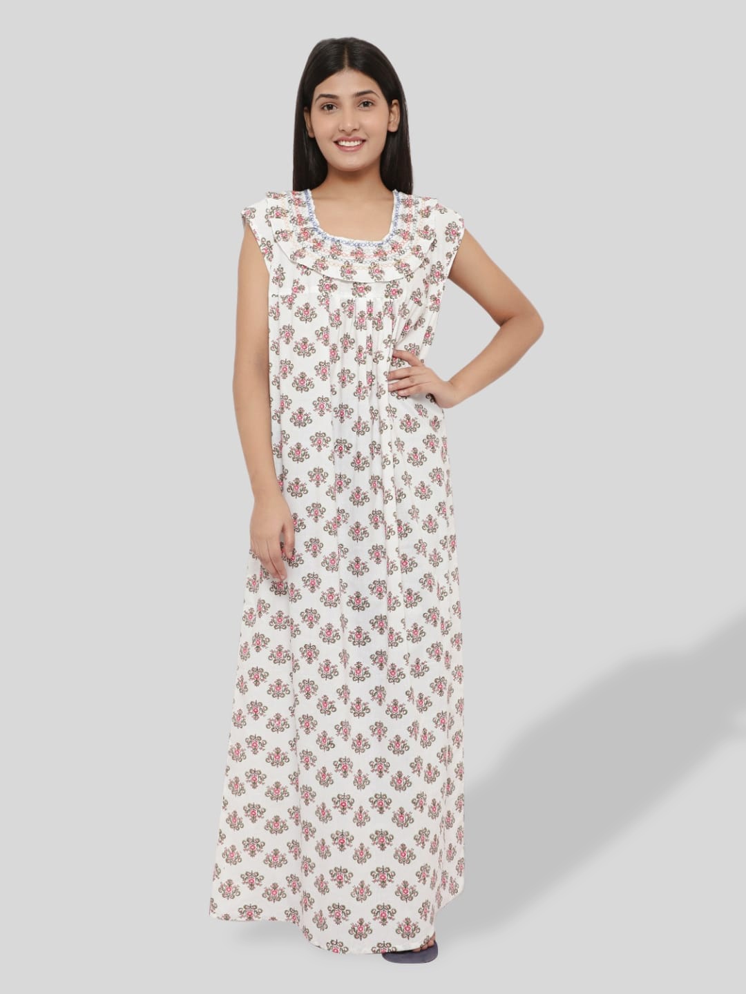 

PALIVAL Women Ethnic Motifs Printed Pure Cotton Maxi Nightdress, White