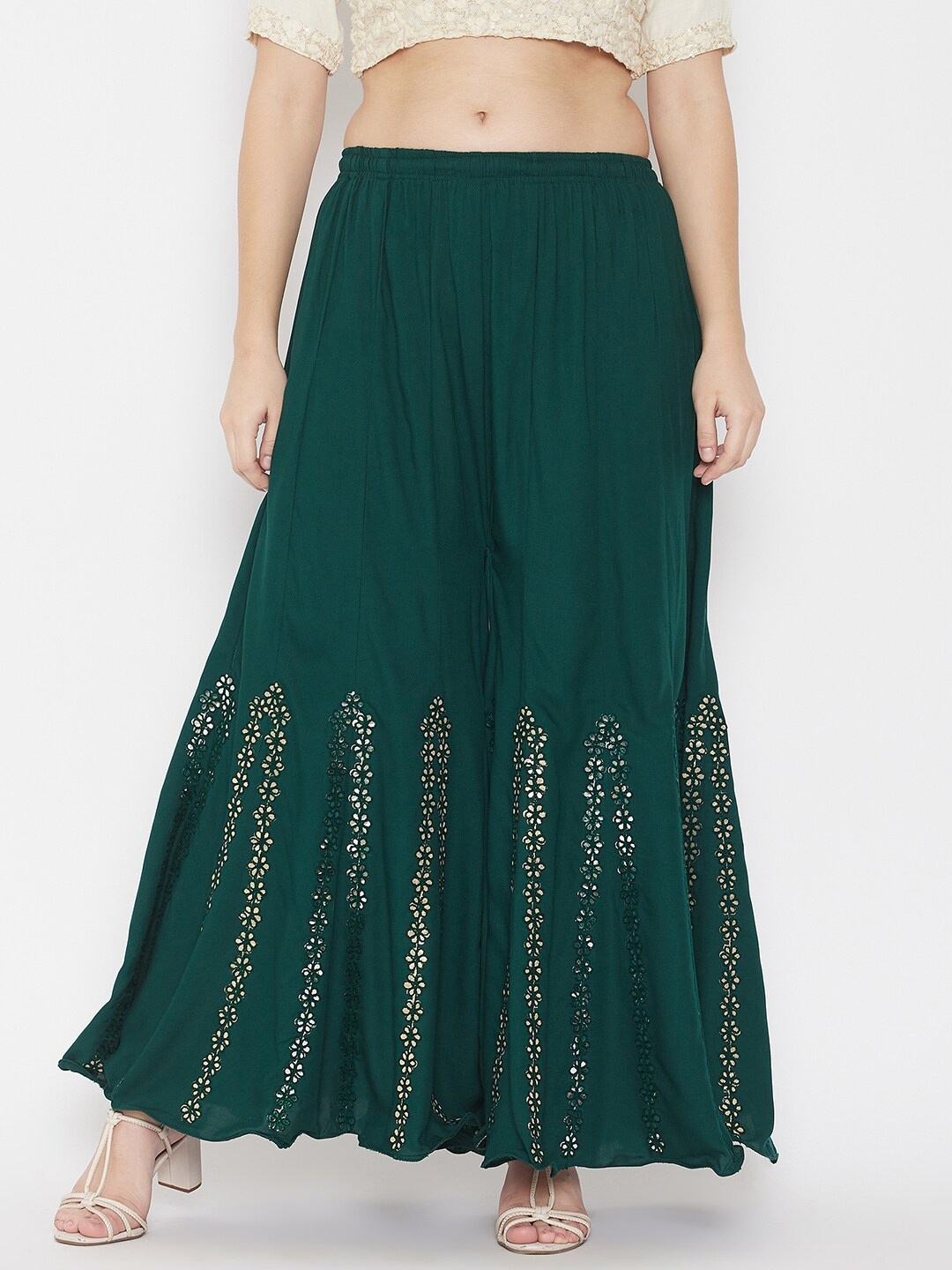 TULIP 21 Women Floral Embellished Flared Ethnic Palazzos, Green