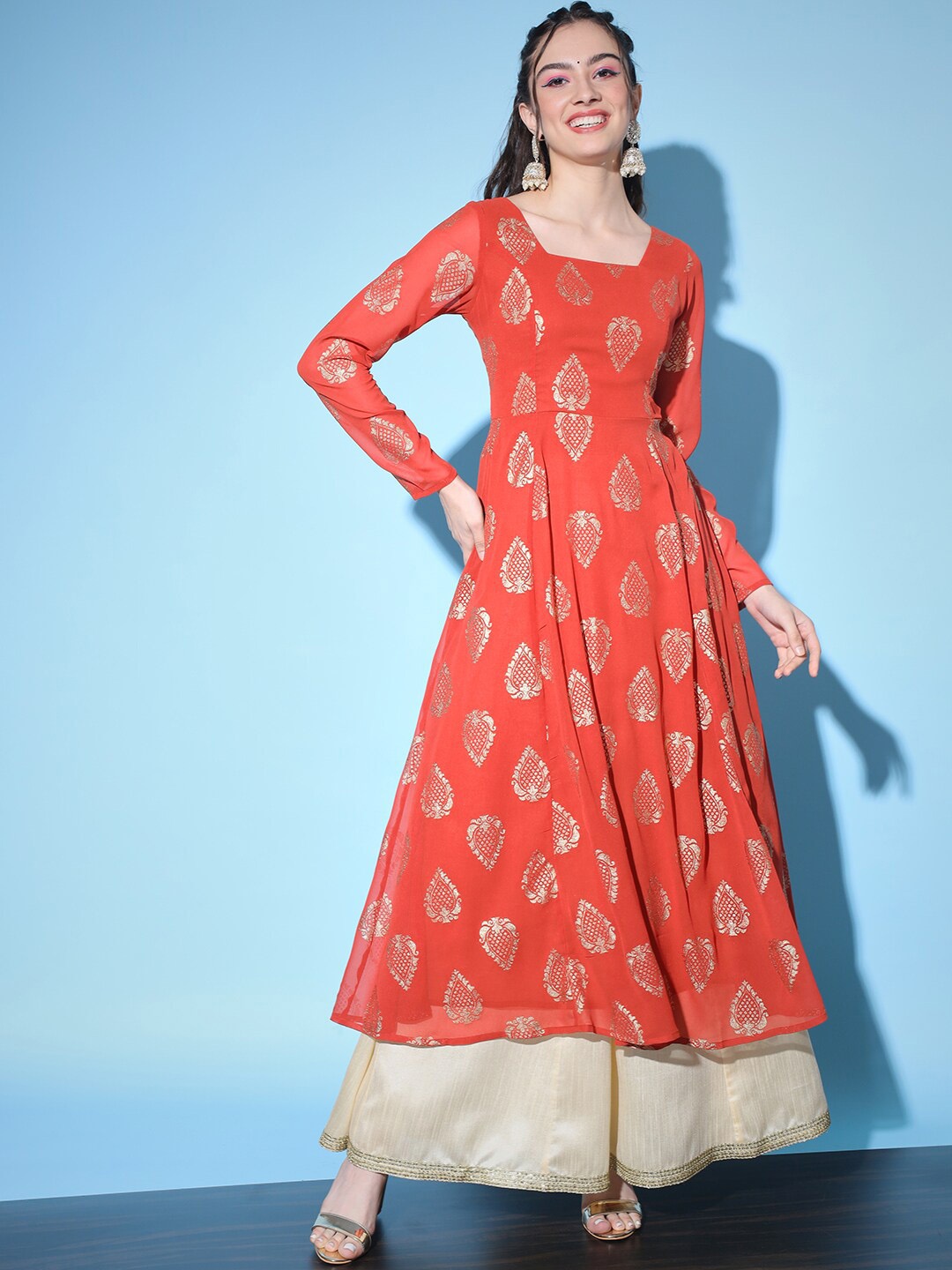 

Aayna Woven Design Georgette Square Neck Anarkali Kurta, Rust